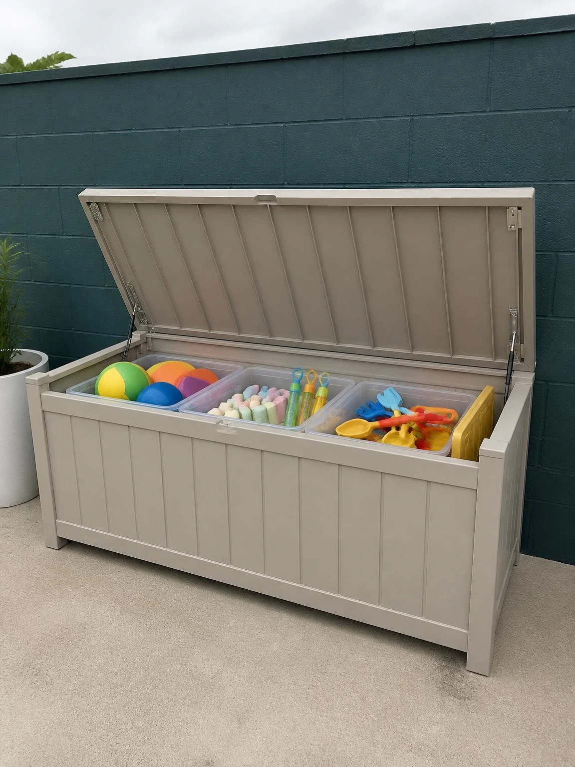 Weatherproof resin storage bench with open lid revealing sorted outdoor toy bins on a teal-walled patio, showing smart backyard storage for kids