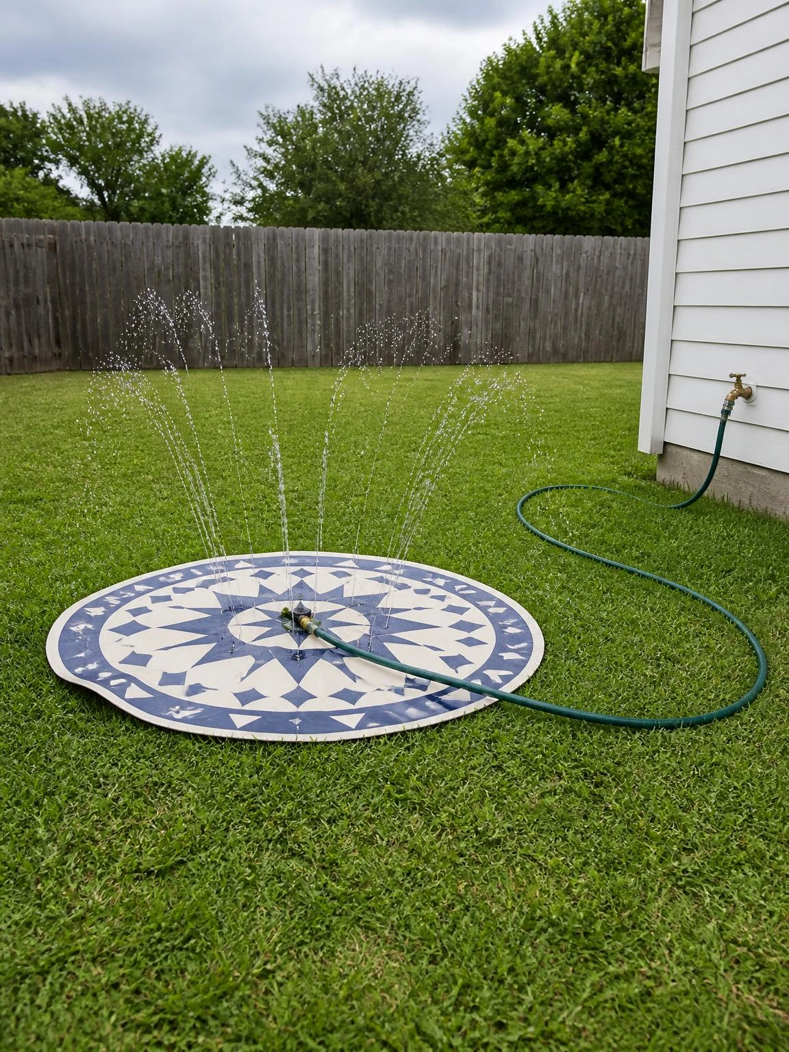 Round navy and ivory backyard sprinkler splash pad mat lying flat on green lawn with water jets arcing upward from surface nozzles