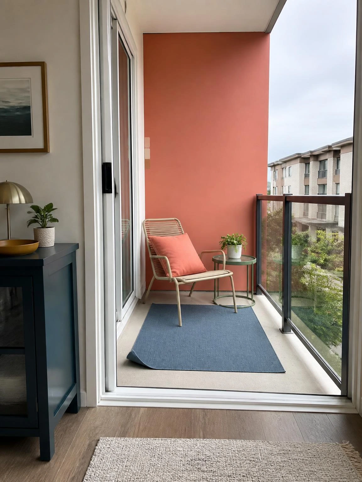 Color-blocked balcony corner with a coral end wall, muted blue mat, stone lounge chair, and green table arranged for clear circulation.