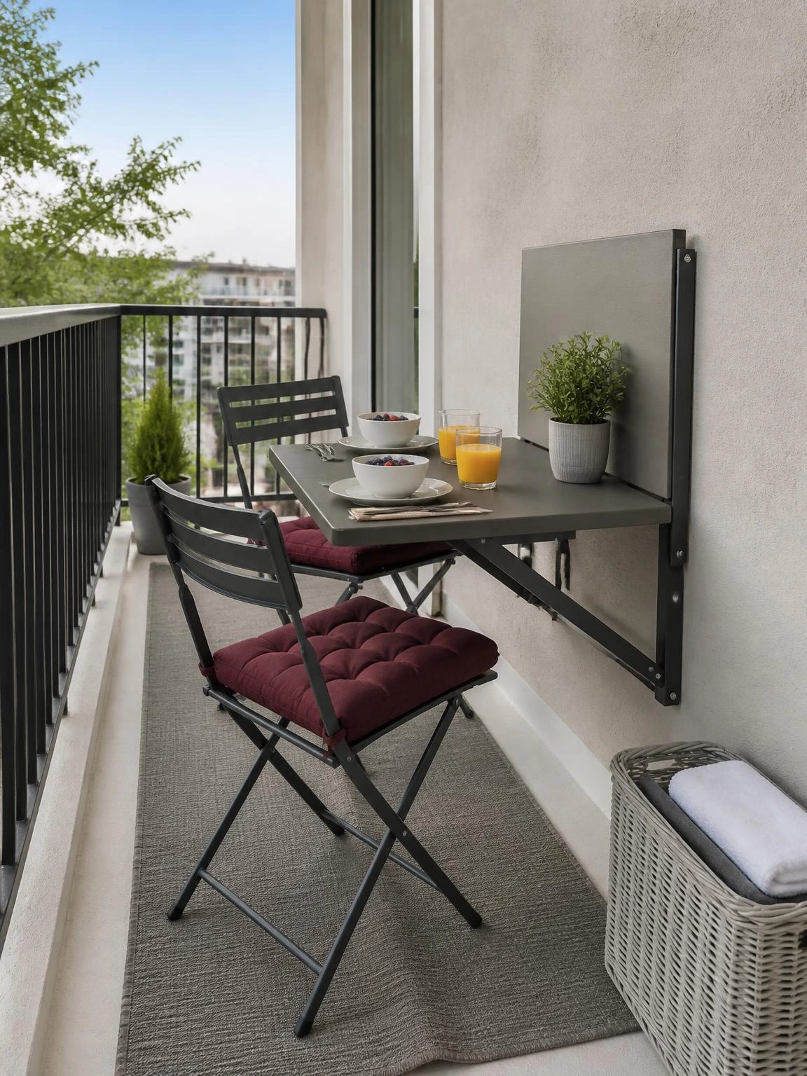 Balcony decoration with a wall-mounted folding dining set, burgundy chairs, and hardware visible for easy space-saving use