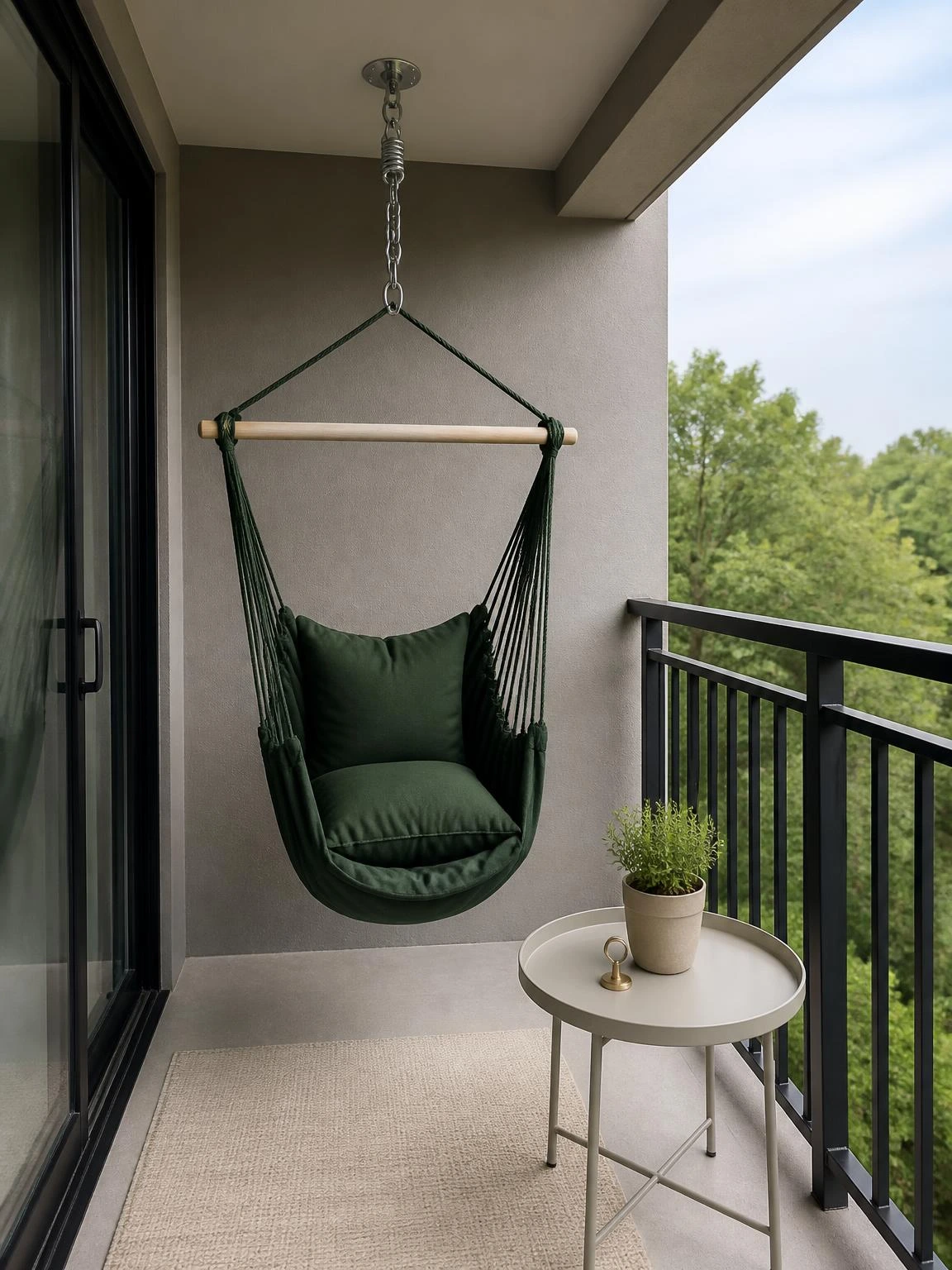 Forest-green balcony hammock chair hangs from approved overhead hardware in a compact, sheltered corner with clear swing space.