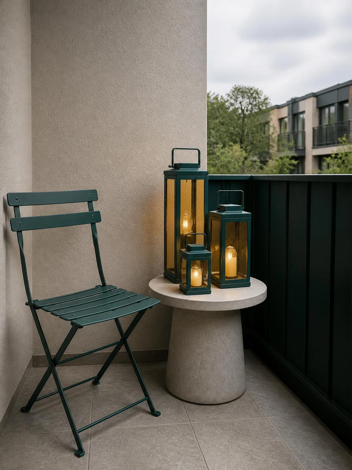 Balcony lantern cluster in deep teal and mustard glass grouped on a stone side table beside a folding chair