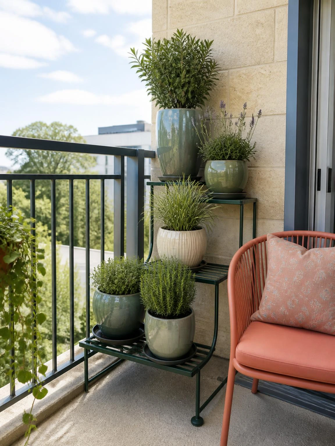 Tiered balcony metal plant stand holds wind-tolerant planters beside a pale stone wall and coral chair in a compact corner.