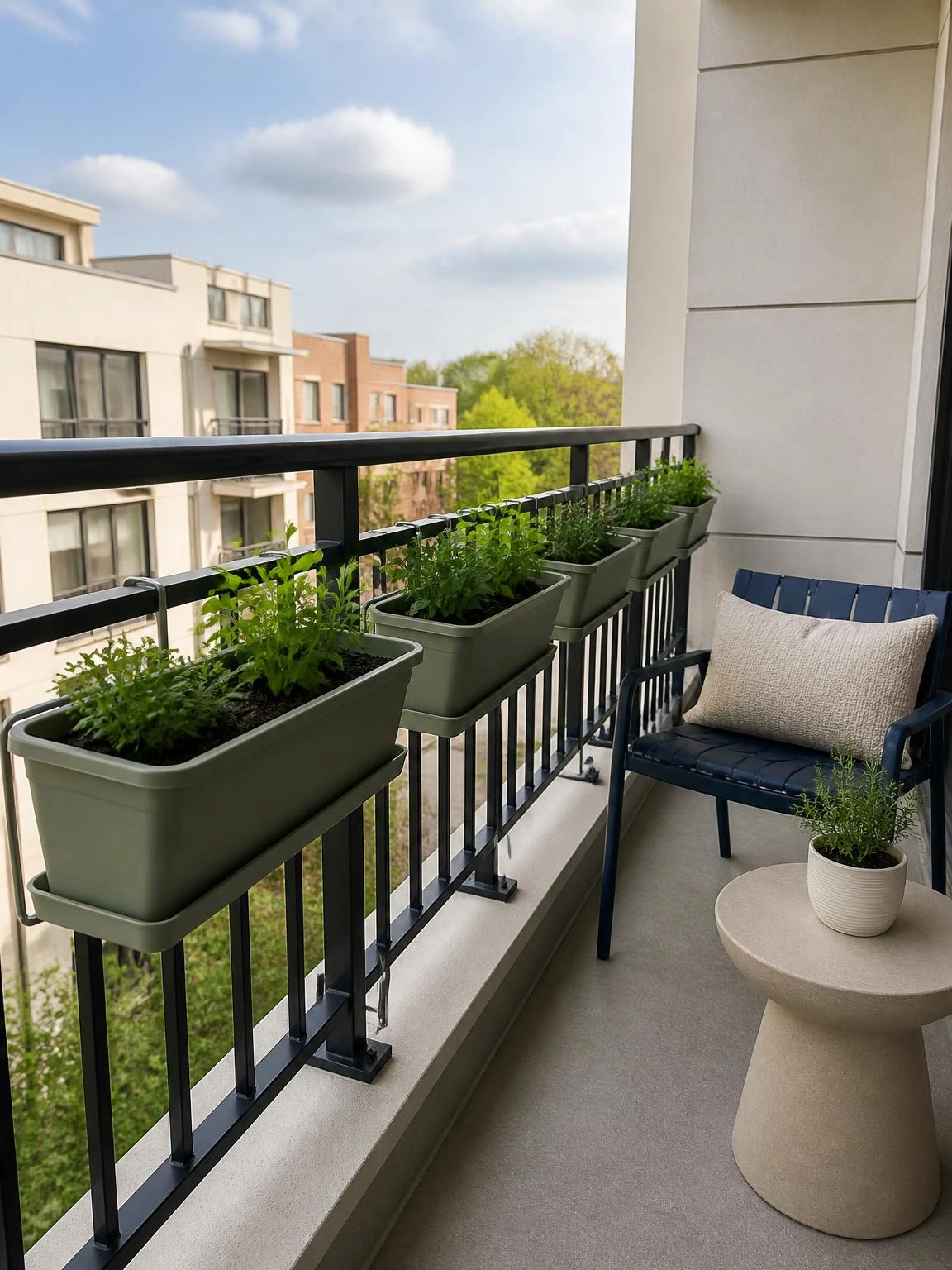 Balcony railing planters line the interior steel rail, adding a tidy green edge beside a navy chair and stone table.