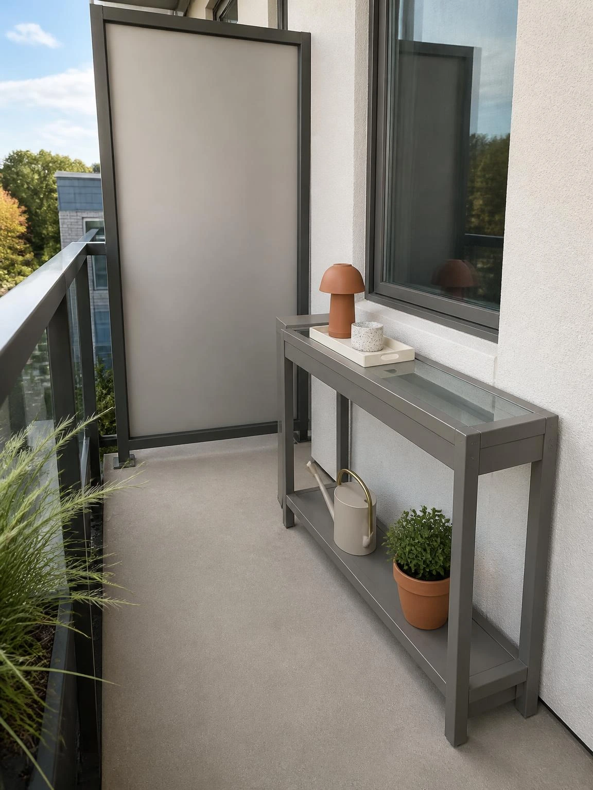 Slim balcony console in warm gray with a tray and lamp, preserving open floor space for practical balcony decoration