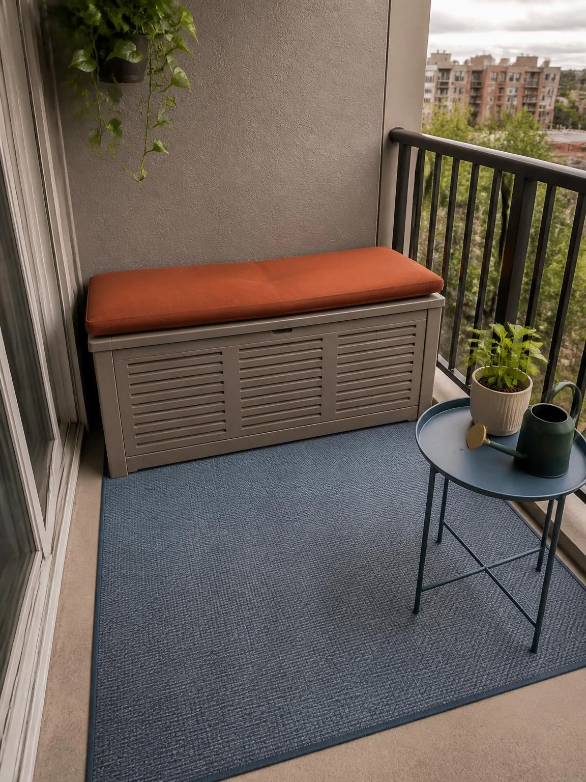Compact balcony storage bench with rust-colored cushion, blue mat, and side table demonstrates practical balcony decoration and storage.