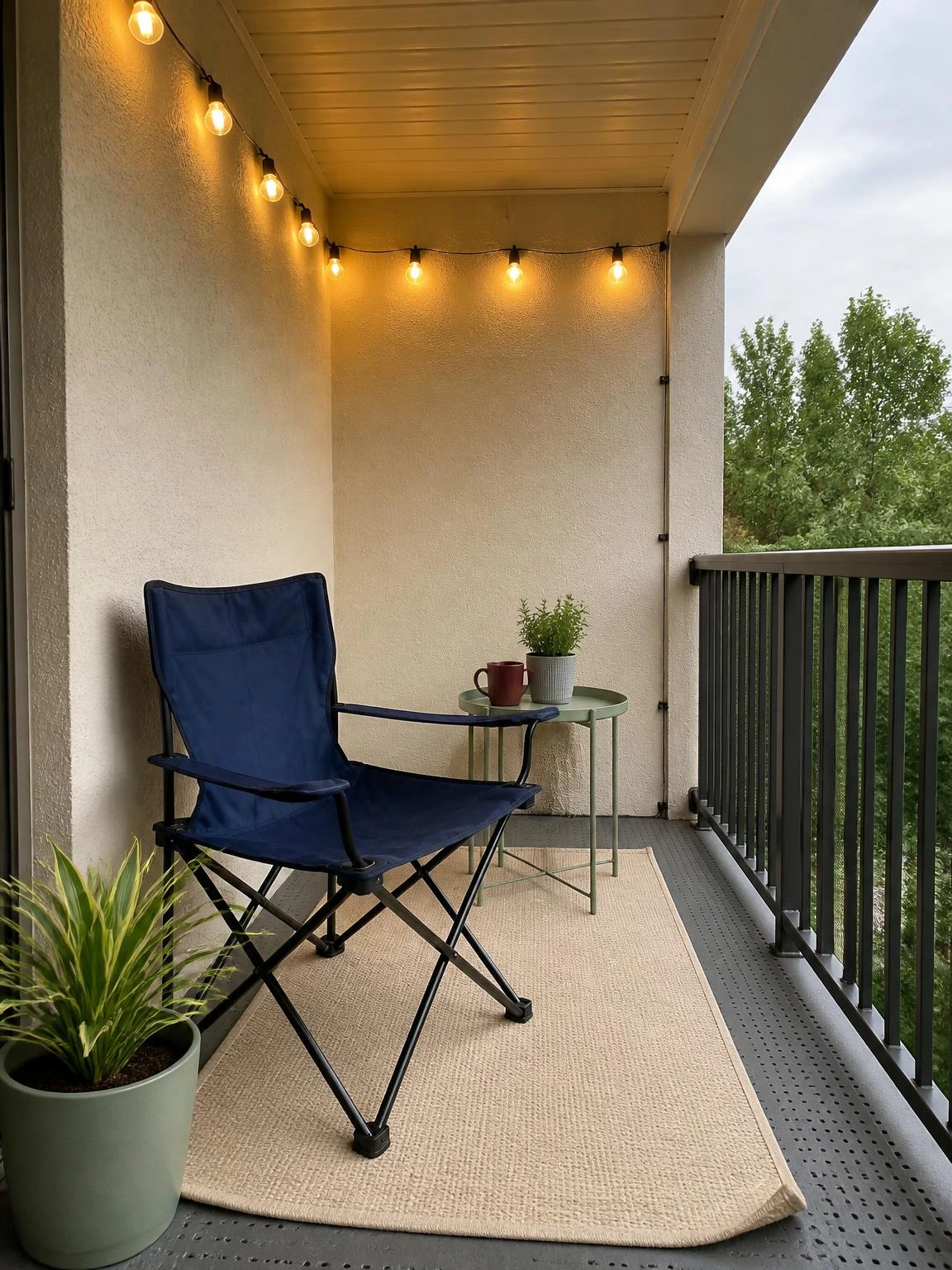 Balcony string light canopy clipped in two neat lines above a navy chair and ivory rug, creating a practical cozy retreat
