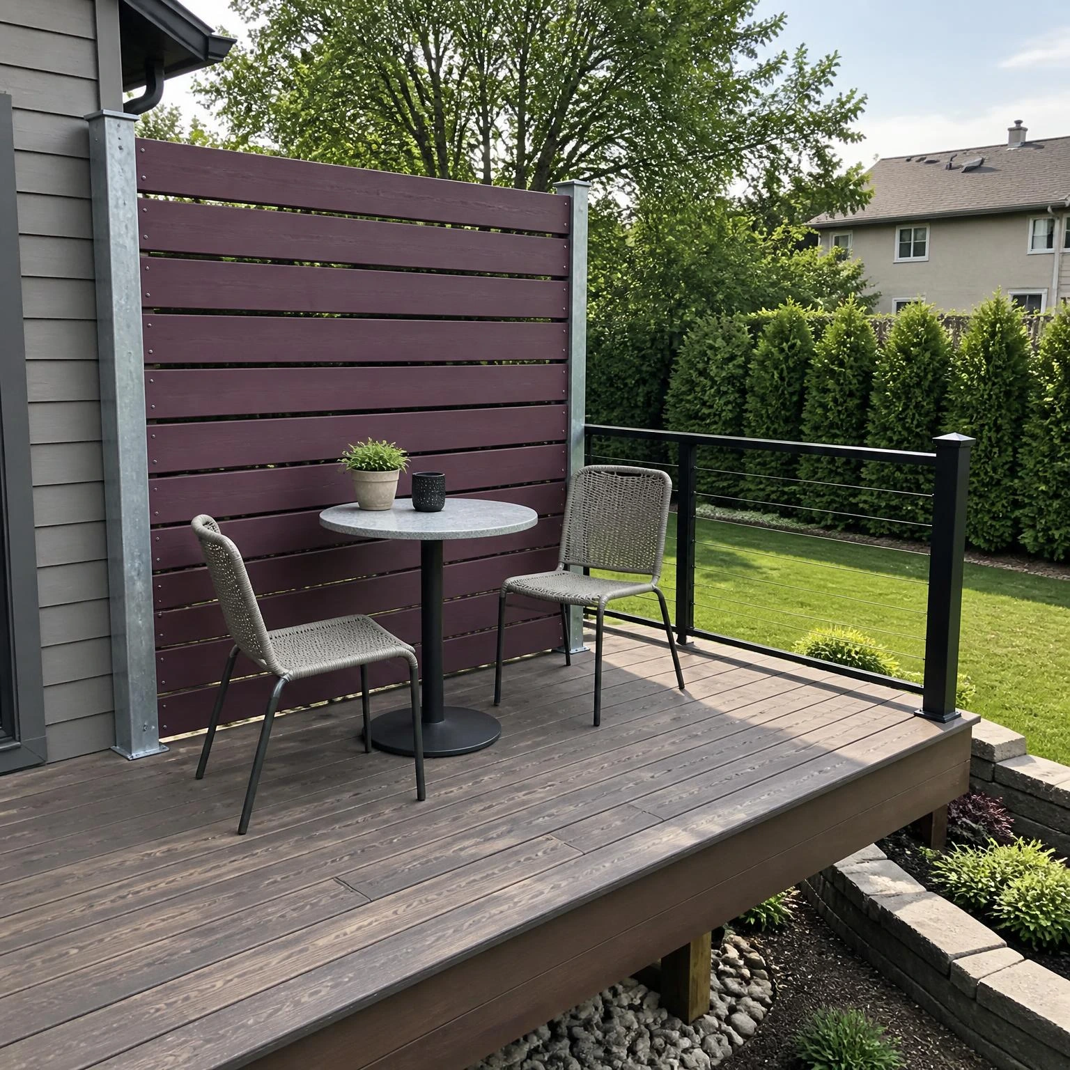 Muted plum privacy rail screens a café table on one end of a raised deck, creating backyard privacy without a fence while keeping views open.