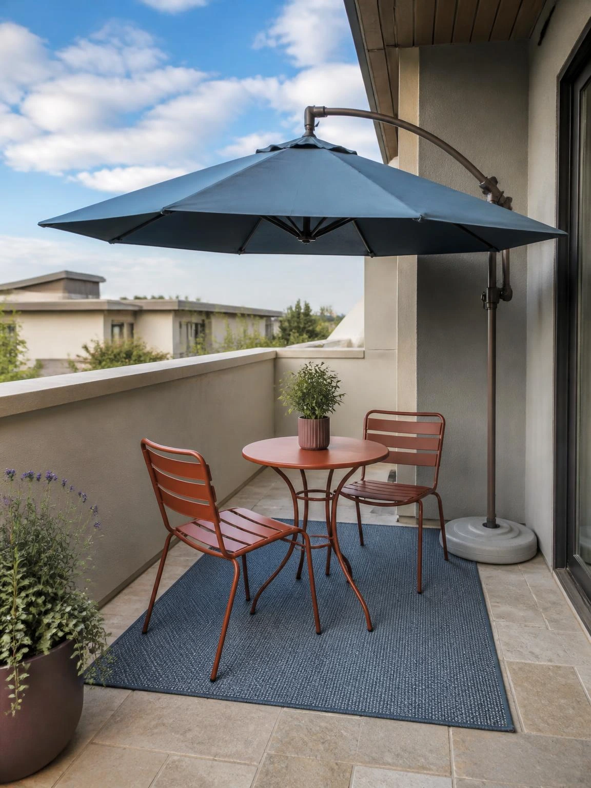 Balcony umbrella seating with a dusty blue cantilever canopy shading rust-colored chairs, a round table, and blue-gray outdoor rug