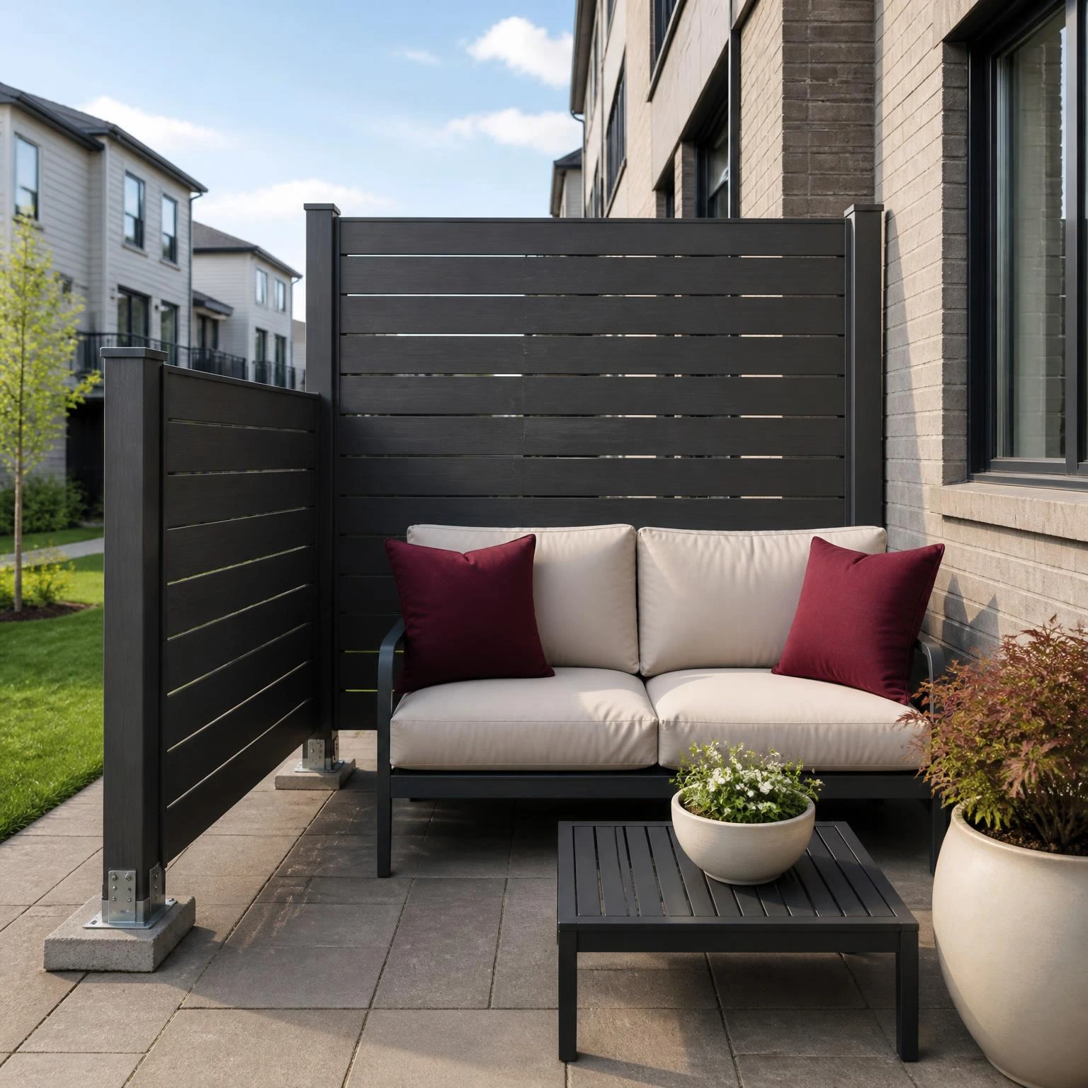 Charcoal composite privacy screen panels form an L-shape behind a townhouse patio sofa, blocking side views without a fence