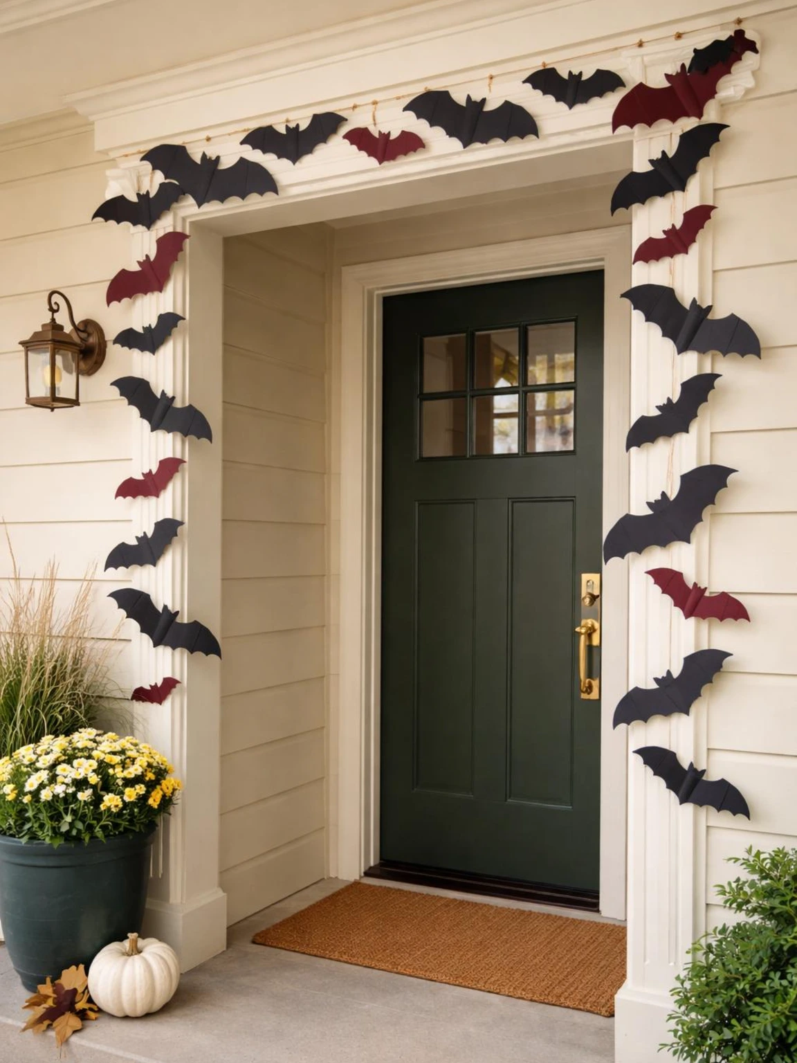 DIY bat garland frames an ivory outdoor doorway with charcoal and burgundy bats, showing a sheltered Halloween decoration idea