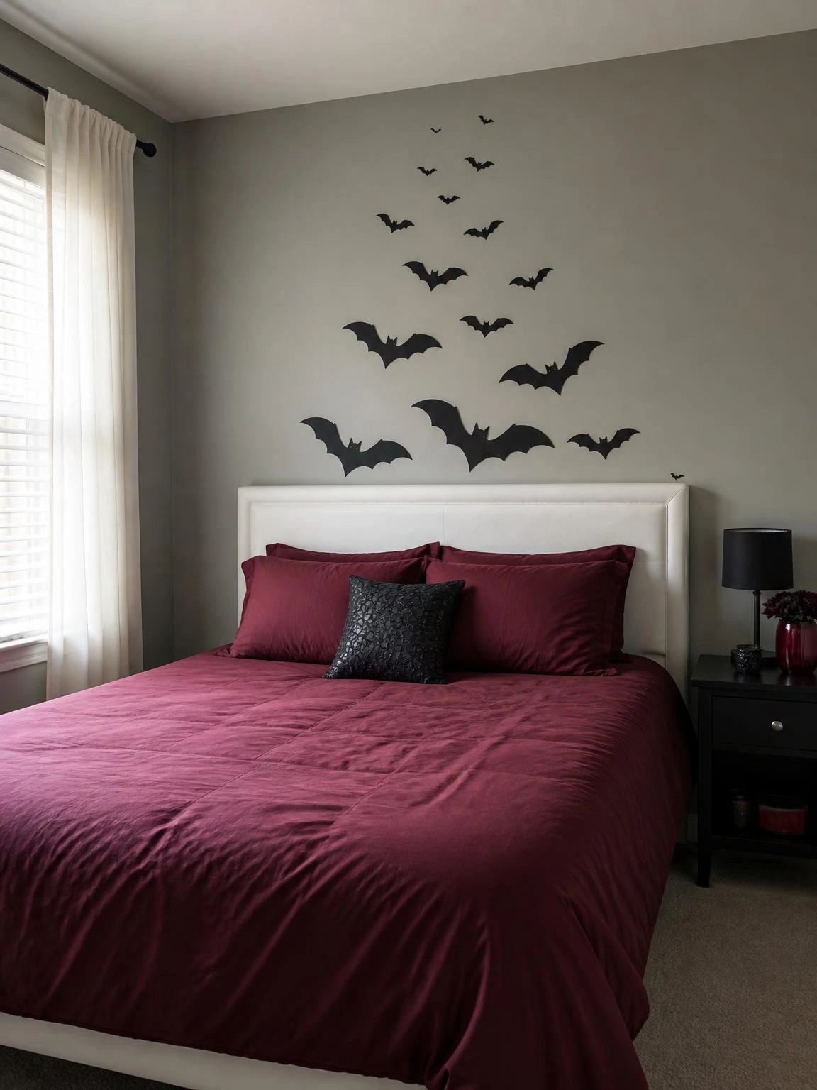 Matte black bat decals sweep above a white headboard, creating a mature Halloween aesthetic bedroom with burgundy bedding.