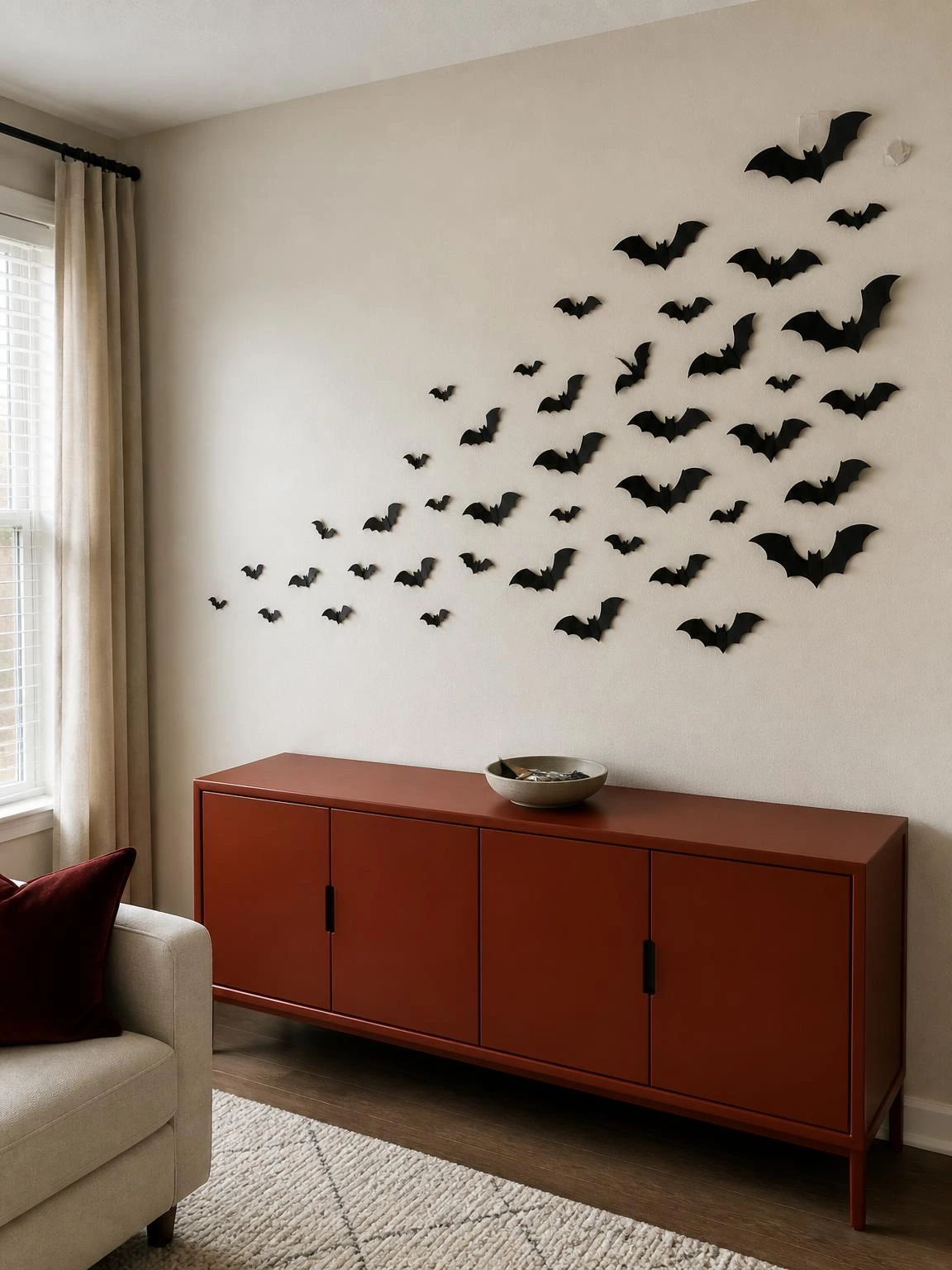 Removable black paper bats sweep across a living-room wall above a sideboard, creating a space-saving halloween party ideas display