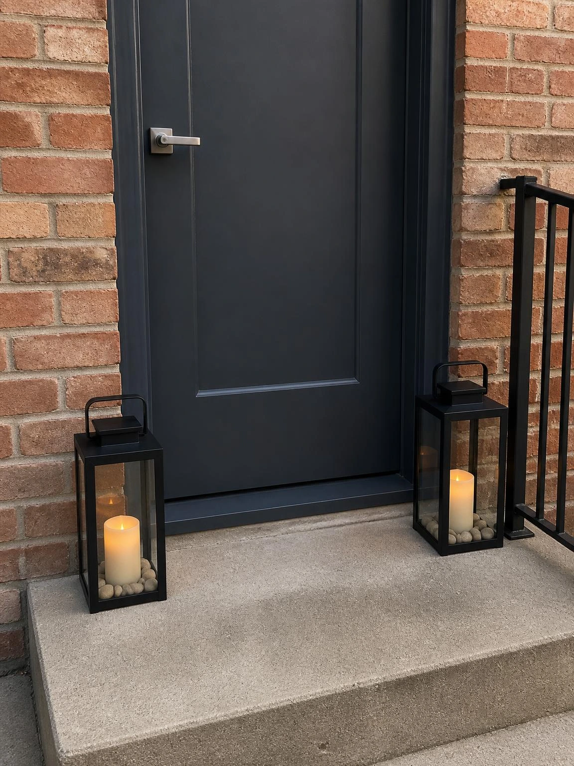 Two matte black battery lanterns flanking a charcoal apartment door on a narrow four-foot stoop, their amber LED glow warming the brick at dusk