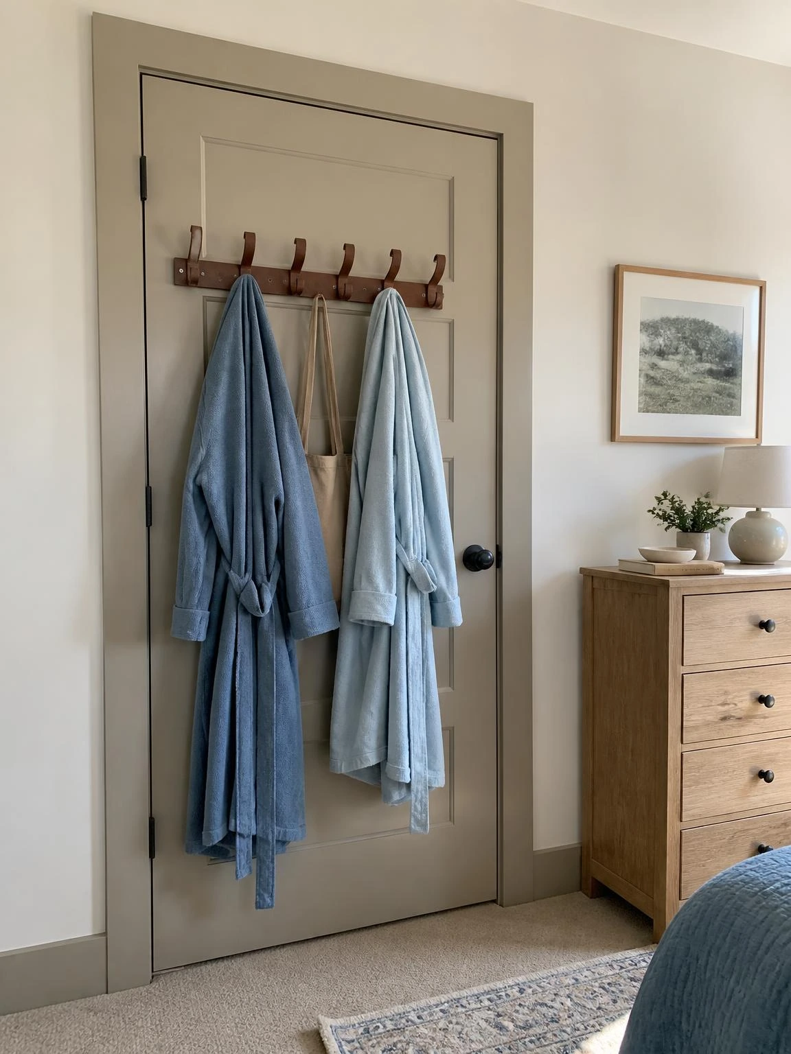 Six-hook rust-finish rail on a greige bedroom door holding two blue cotton robes for a couple, a space-saving door organization idea