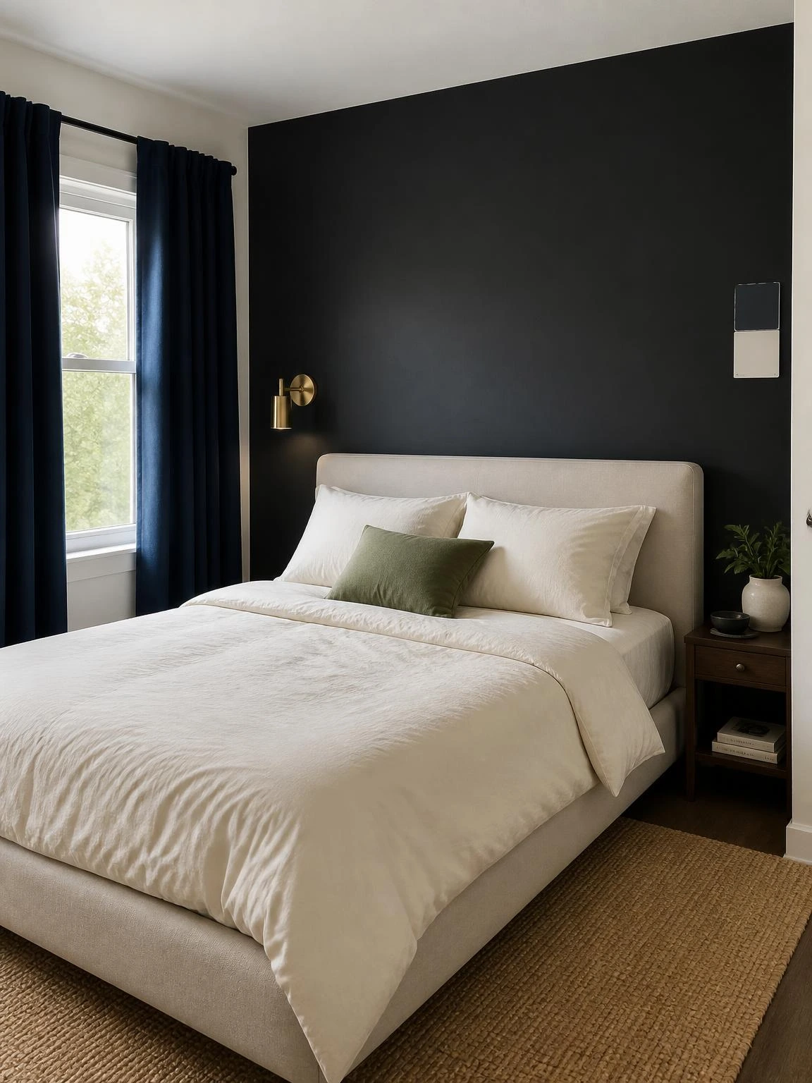 Matte charcoal wall anchors a compact bedroom with ivory bedding, navy curtains, and brass lighting for Halloween aesthetic bedroom decor