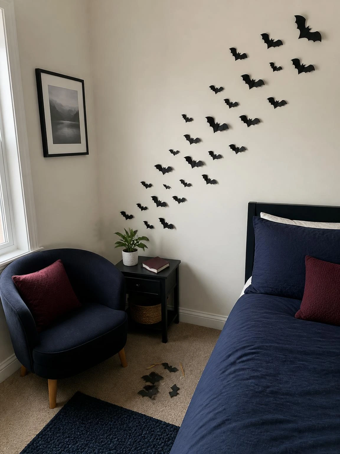 A removable black bat wall cluster rises across an ivory bedroom wall beside a navy bed, illustrating cheap DIY Halloween bedroom decor.