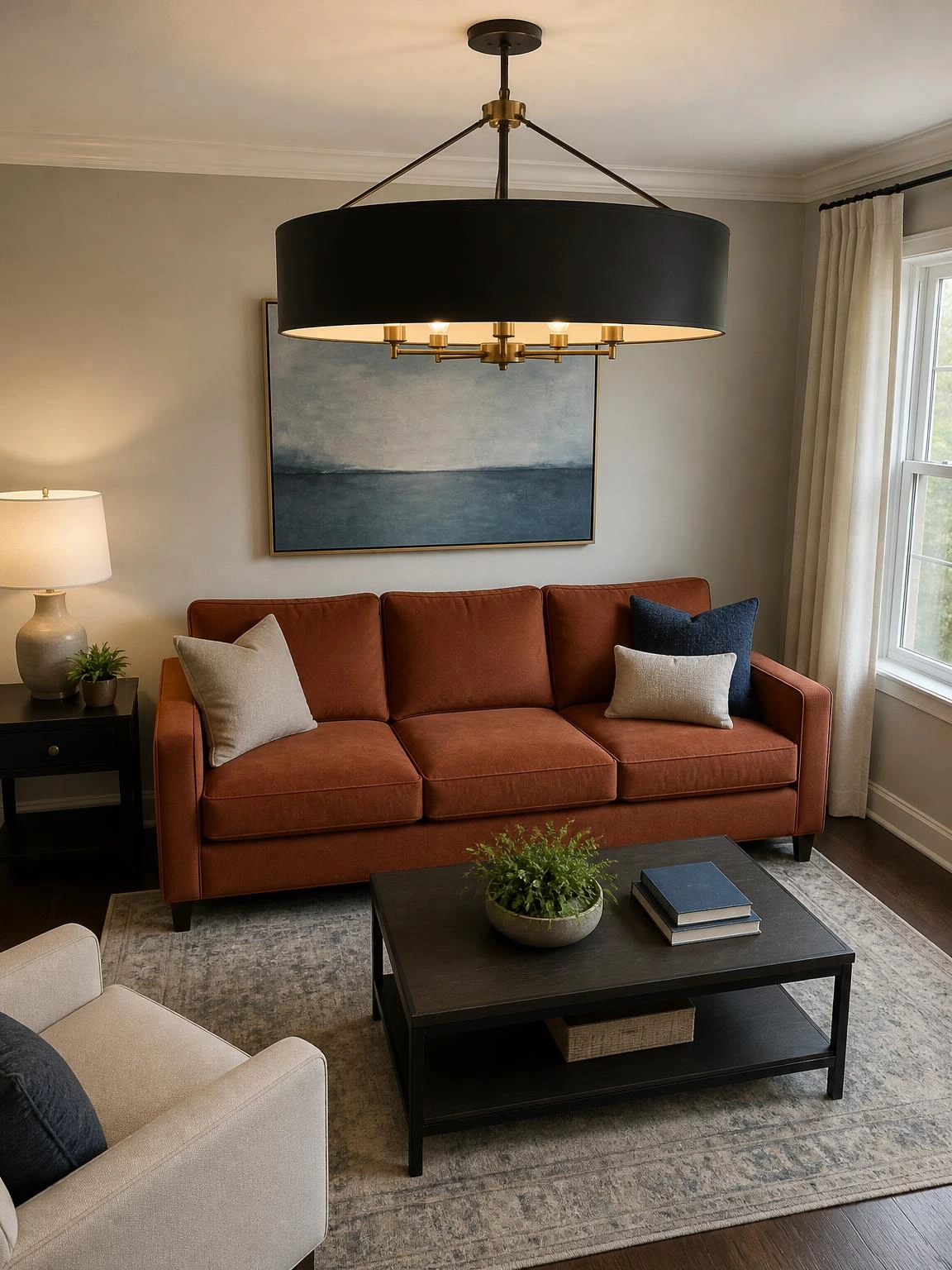 Black-and-brass drum chandelier centered over a rust sofa, balancing compact living room scale with clear walking space