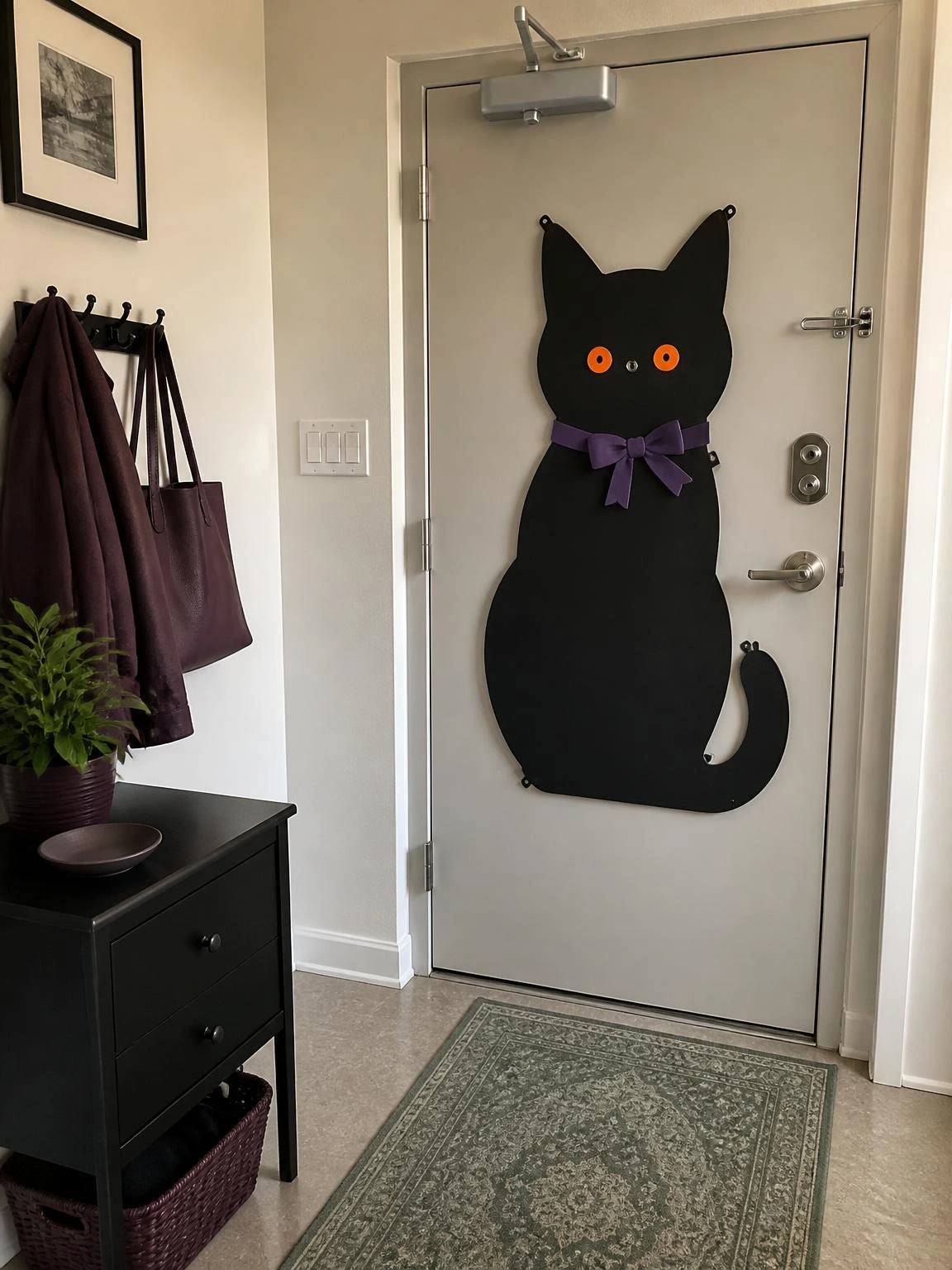 Black cat door decor with orange felt eyes and purple bow adds an attainable Halloween crafts DIY project to an apartment entryway.