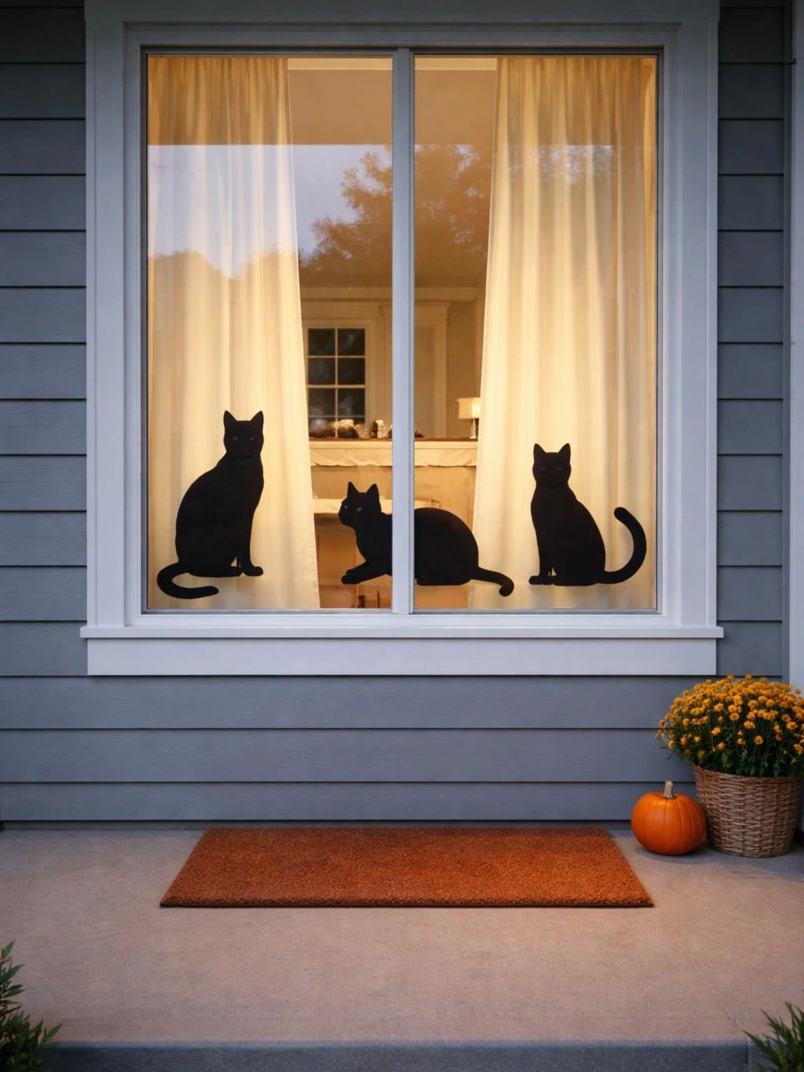 Three black cat silhouettes inside a dusk-facing window demonstrate a simple halloween decorations outdoor diy idea.