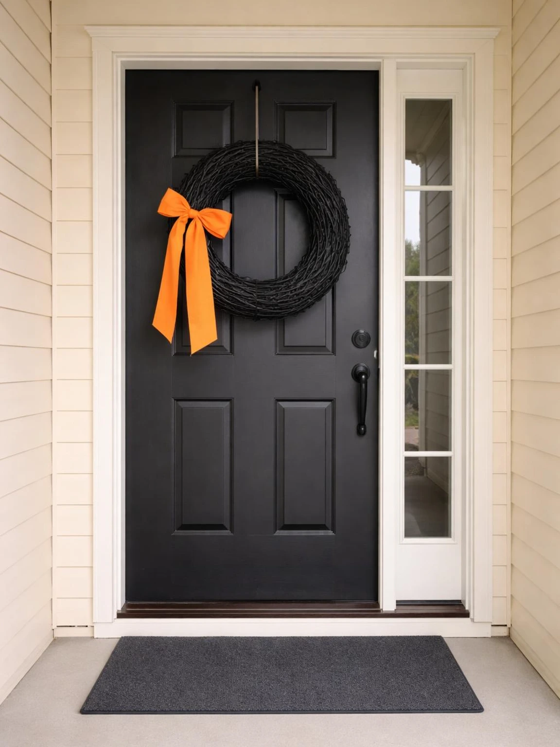 Black front door wreath with an orange ribbon on a matte black entry, showing an easy, damage-free Halloween decor idea for the home