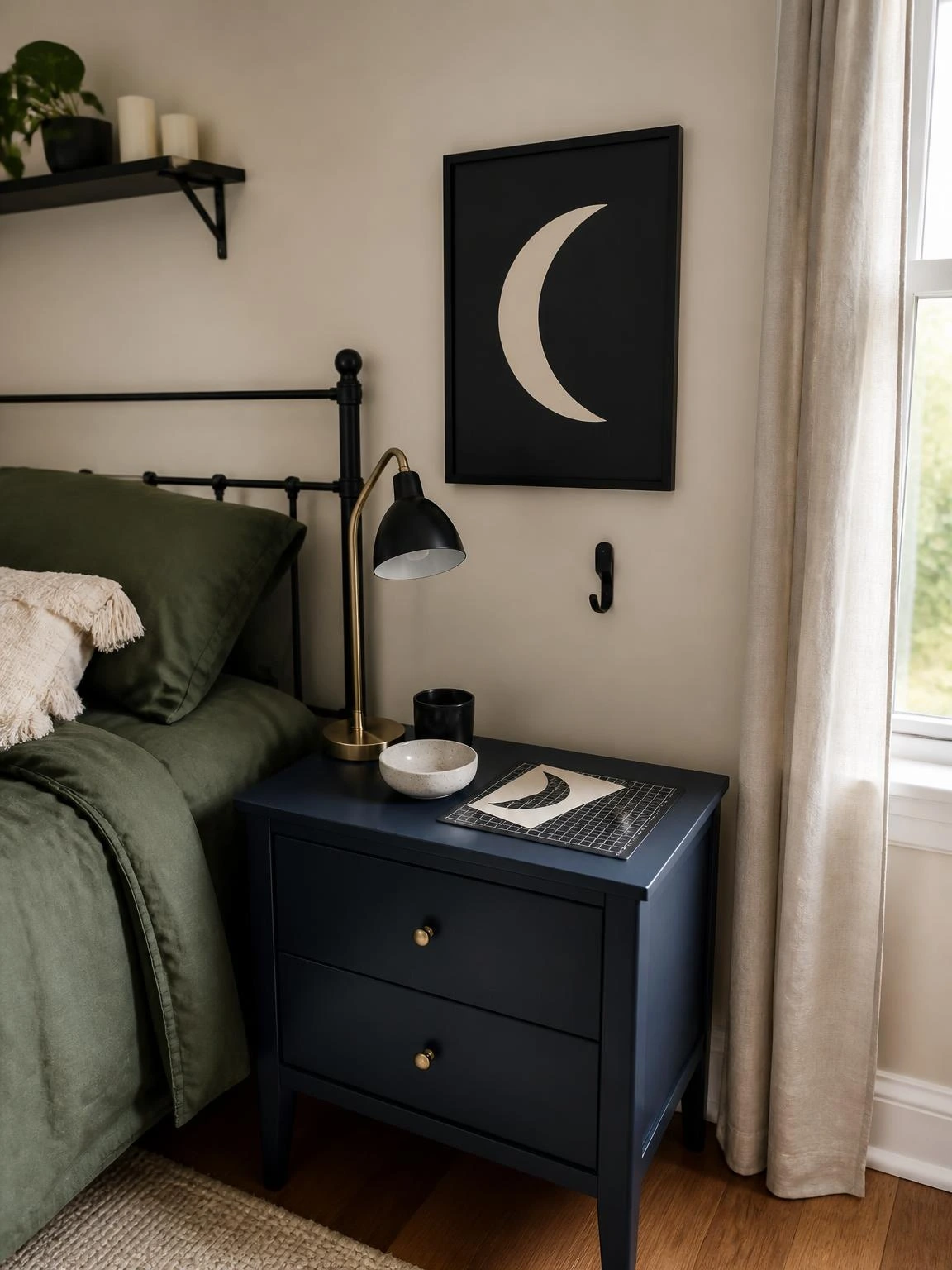 Black-and-ivory Halloween bedside art features an ivory crescent in a thin frame above a navy table, showing cheap DIY decor