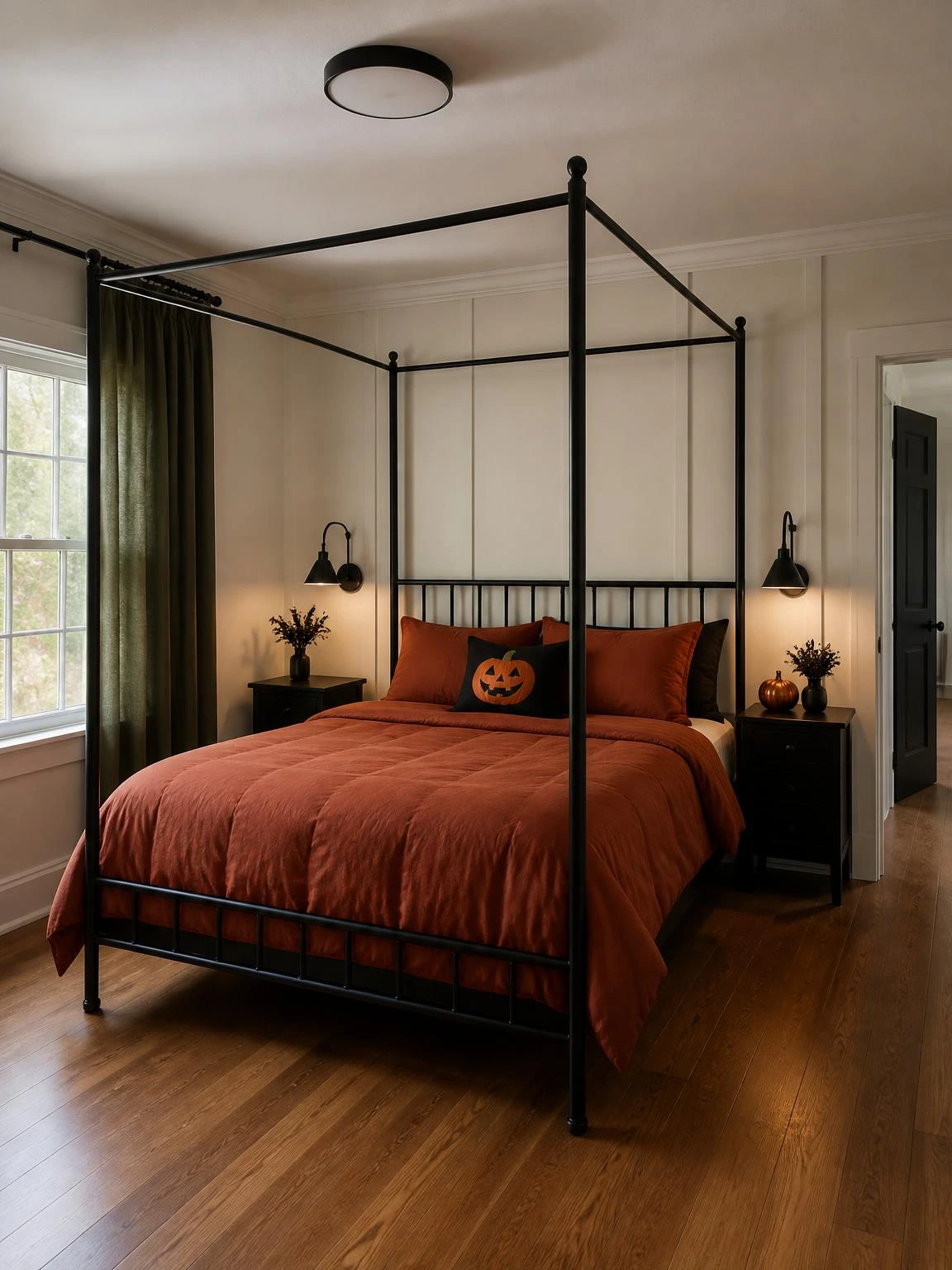 Black metal four-poster bed anchors a Halloween aesthetic bedroom with a rust duvet, green curtains, and warm daylight