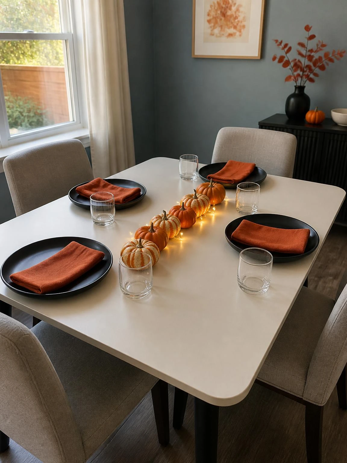 Halloween table setting for four with black plates, orange napkins, clear glasses, and low miniature pumpkins on an ivory table