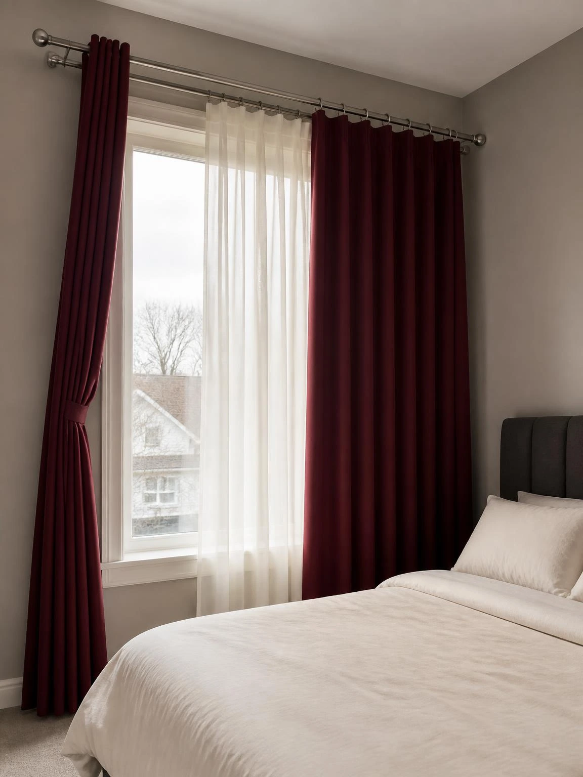 Burgundy blackout drapes layered over ivory sheer panels on a double curtain rod, giving a couple full light control in their shared bedroom