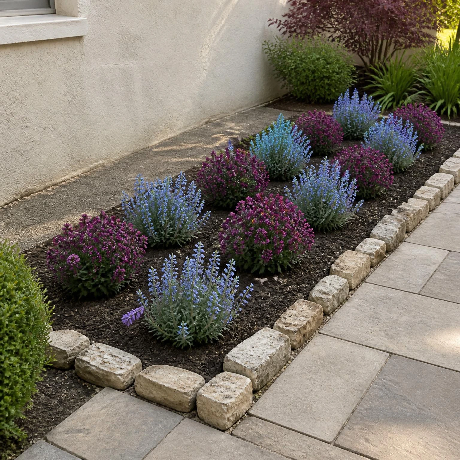 Small backyard flower garden ideas featuring alternating dusty blue and muted plum blooms, stone edging, dark soil, and a maintenance path.