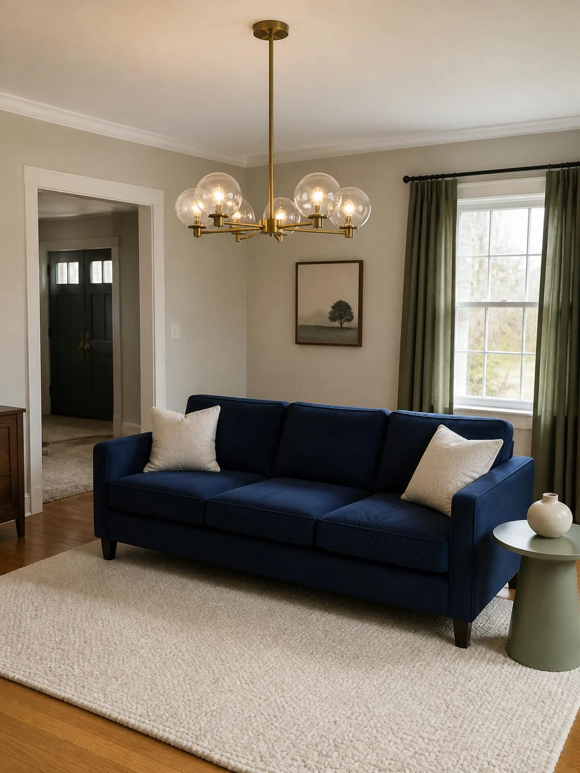 Brass globe chandelier centered above a navy sofa and ivory rug, offering a refined focal point for living room chandelier ideas