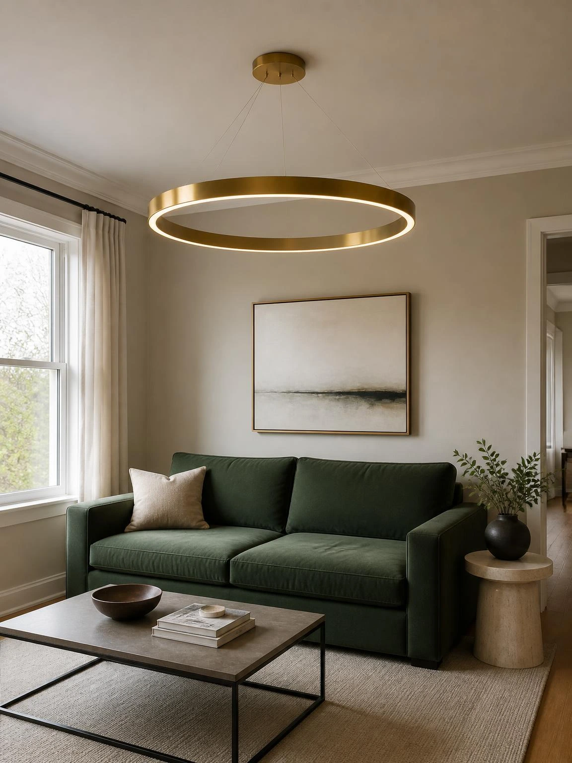 Brass ring chandelier centered above a forest-green sofa in a bright living room, illustrating refined living room chandelier ideas