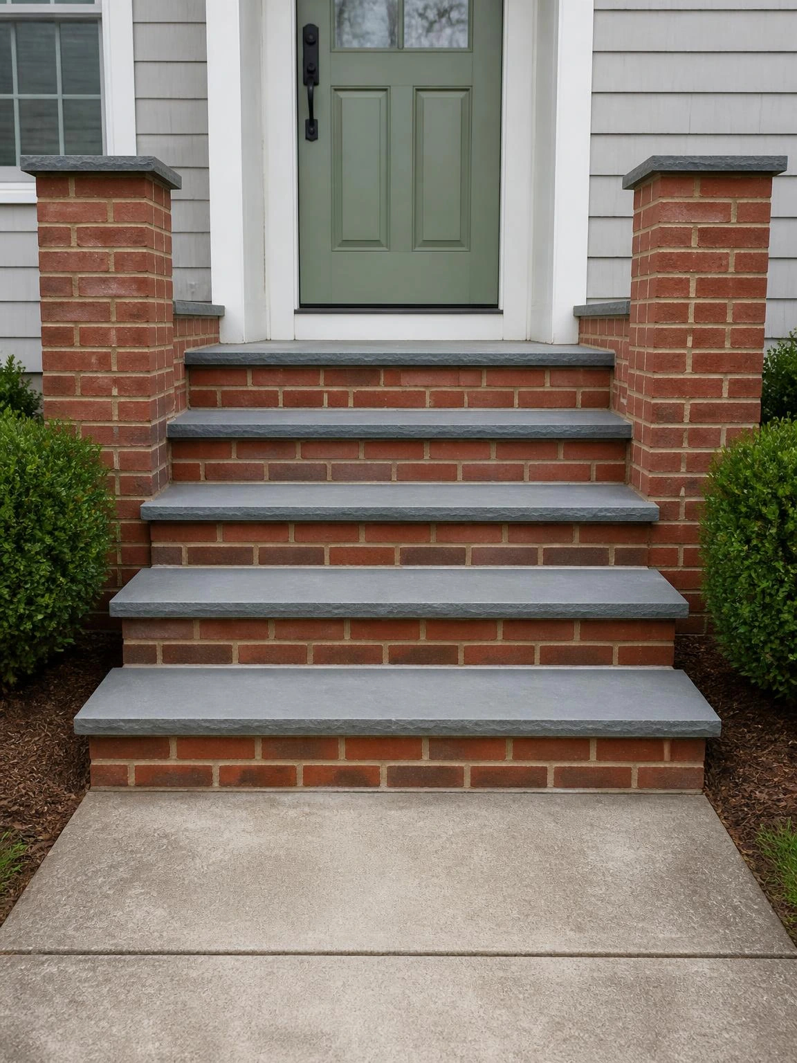 Front entry landscape stairs with five steps of warm red brick risers and Pennsylvania bluestone slab treads, showing the classic material pairing at a traditional suburban home entry