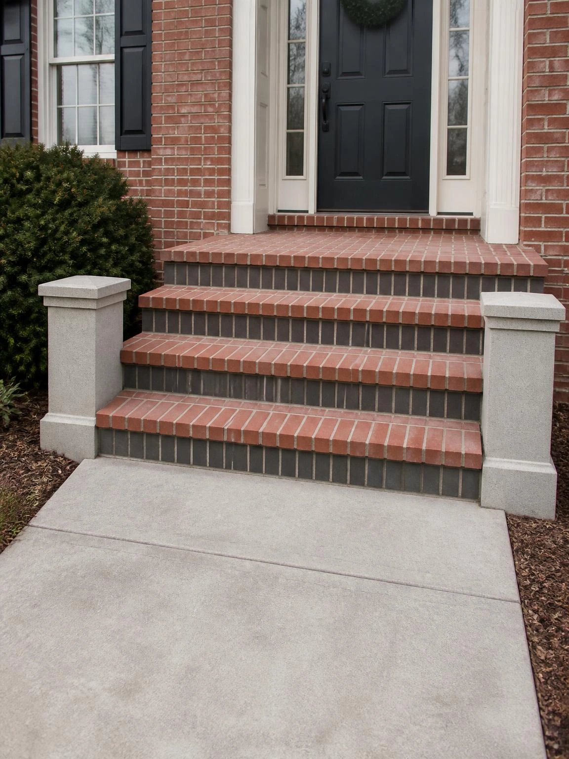 Four mortared red clay brick landscape stairs with vertical soldier-course risers rise from a concrete front walk to a suburban entry stoop, showing classic running bond treads and two-tone masonry detail