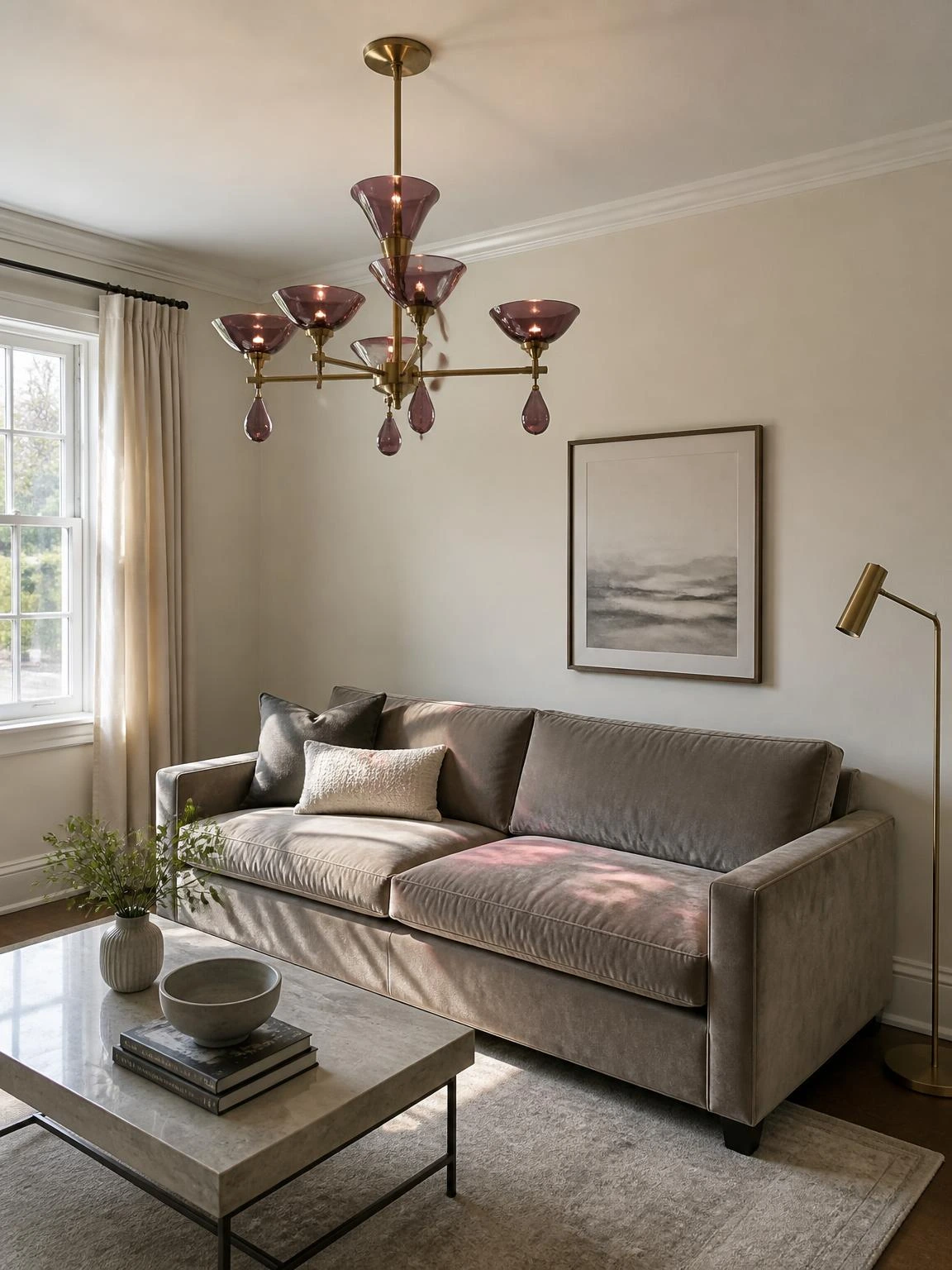 Burgundy chandelier ideas shown above a warm-gray velvet sofa, with brass details, ivory walls, and subtle daylight reflections
