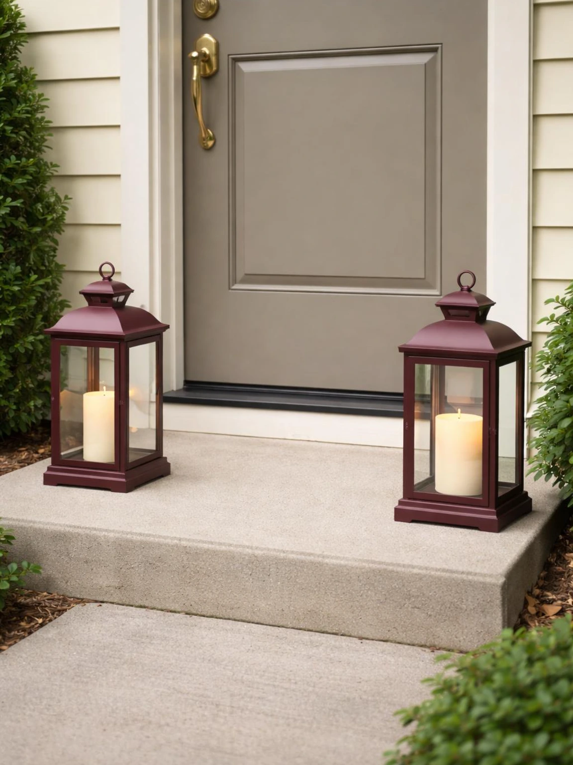 Burgundy fall porch lanterns flank a concrete step beside a warm-gray door, adding practical color to a tidy entry.
