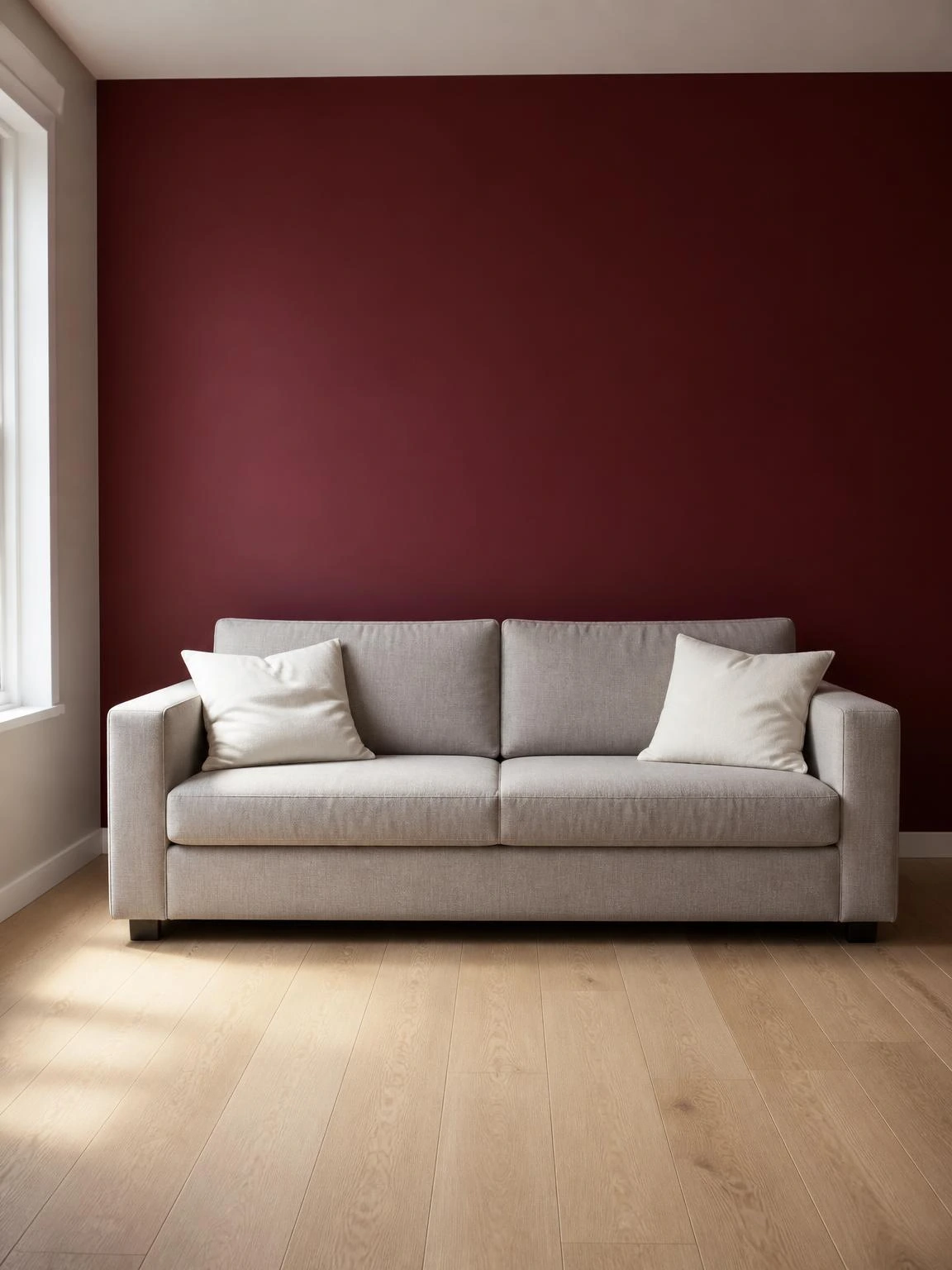 Low-profile gray linen sofa against a deep matte burgundy wall kept completely bare — a bold minimal home decor choice with no art or shelves