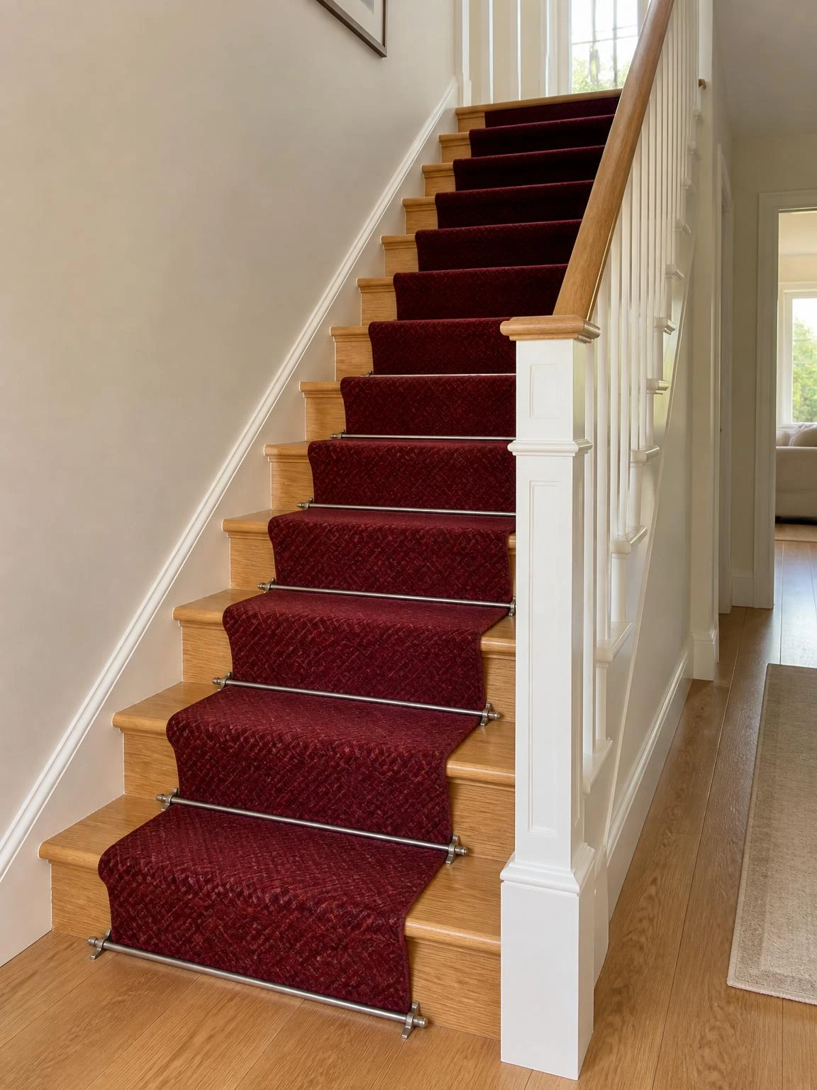 Burgundy patterned stair runner fitted along honey-toned timber treads, held by warm gray metal rods against ivory walls for a bold summer home decor refresh