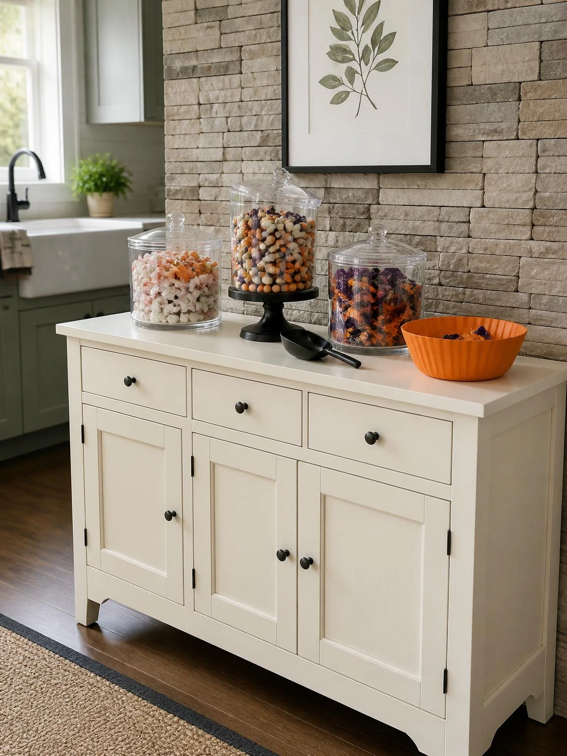Halloween candy station on an ivory sideboard with covered acrylic sweet jars, black scoop, and orange wrapper bowl