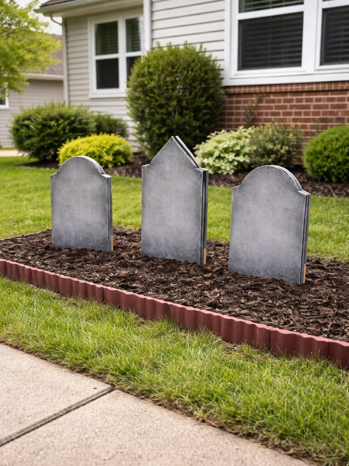Three gray cardboard tombstones create a safe, budget-friendly halloween decorations outdoor display in a small front yard.