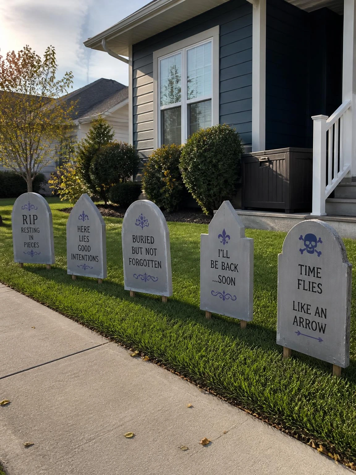 DIY cardboard tombstones line a suburban lawn, showing folded base flaps, wooden stakes, and simple Halloween lettering.