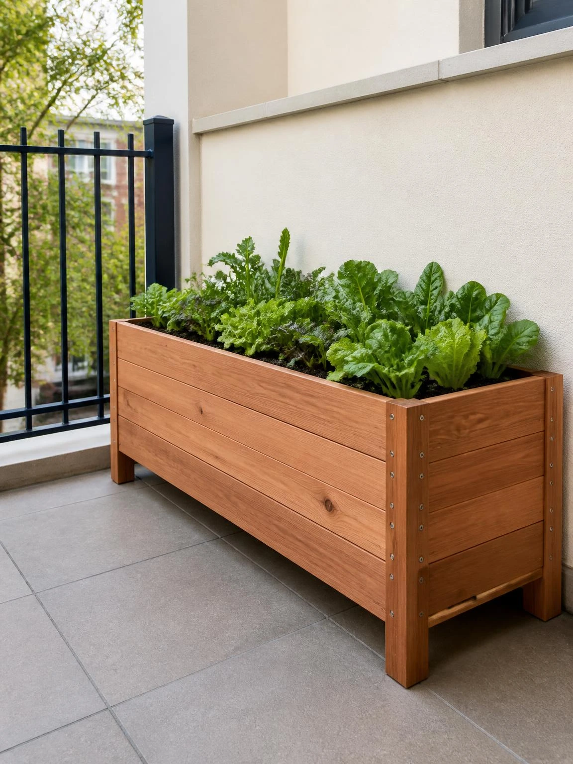 Raised cedar planter box with leafy greens on a balcony terrace, illustrating an attainable DIY garden project in a compact space