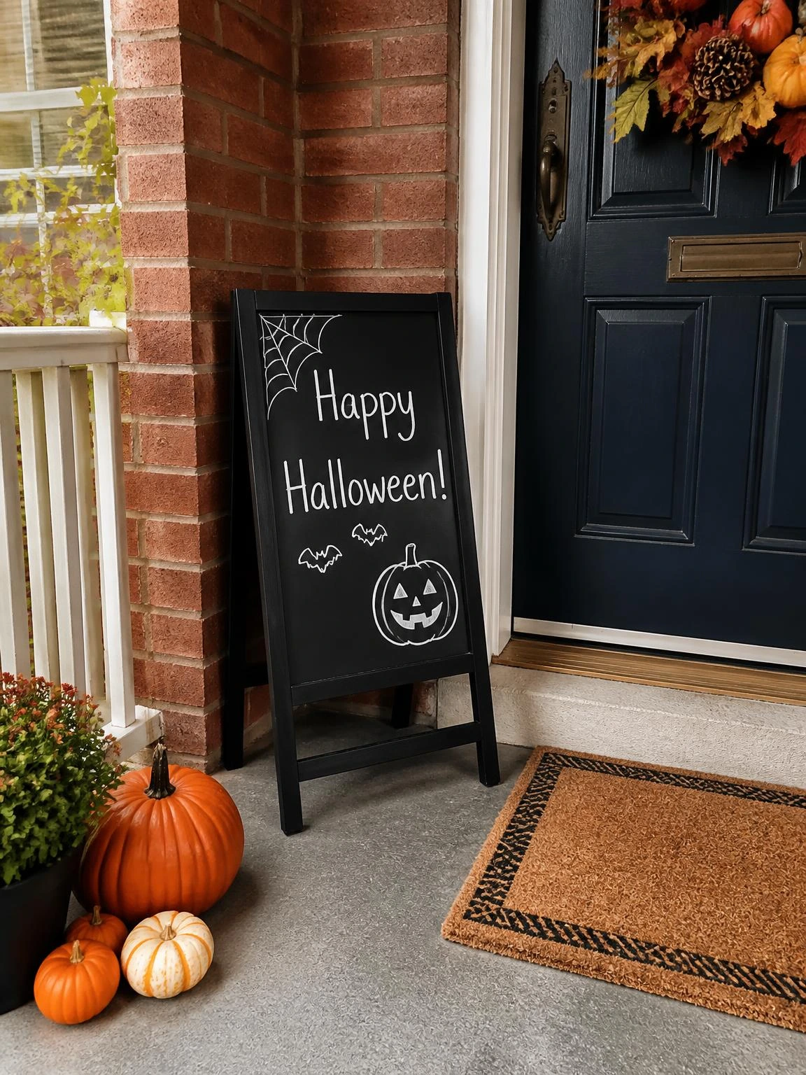 11- Chalkboard Sign on a Small Easel by the Door - halloween porch ideas for small spaces