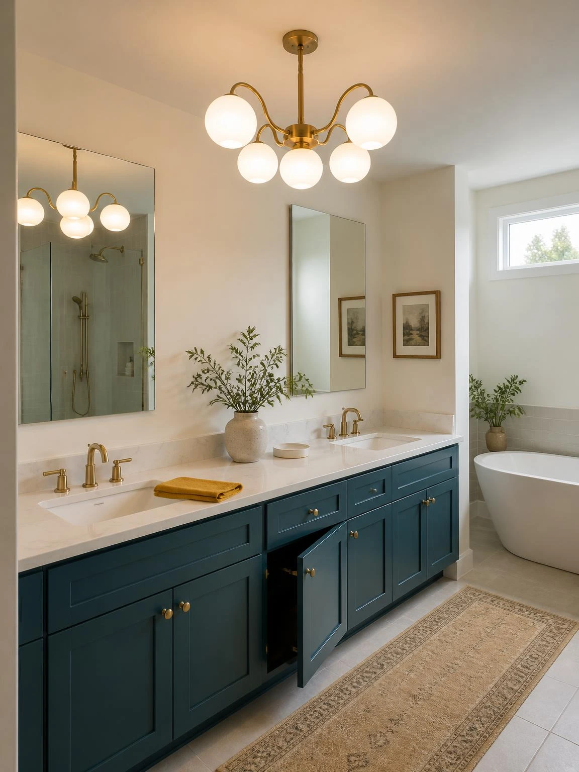 Aged-brass five-arm chandelier with opal globe shades centered over a deep teal double-sink vanity in a master bathroom