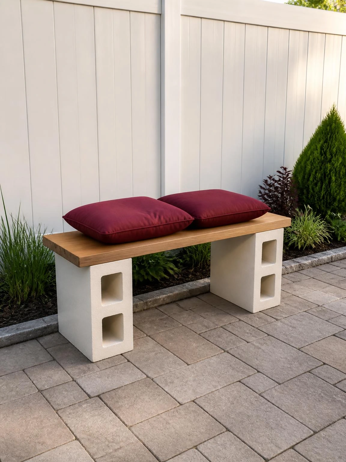 Compact cinder block garden bench with ivory supports, timber seat, and burgundy cushions on a warm-gray patio beside an ivory fence, illustrating a DIY garden project.