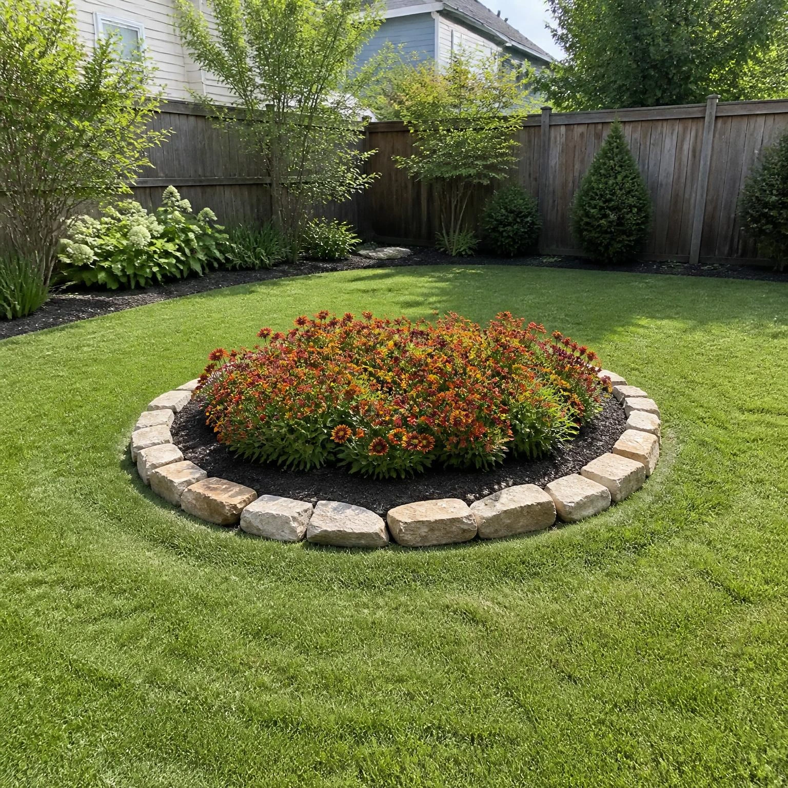 Small backyard flower garden ideas featuring a circular rust-flower island with stone edging and clear mowing space