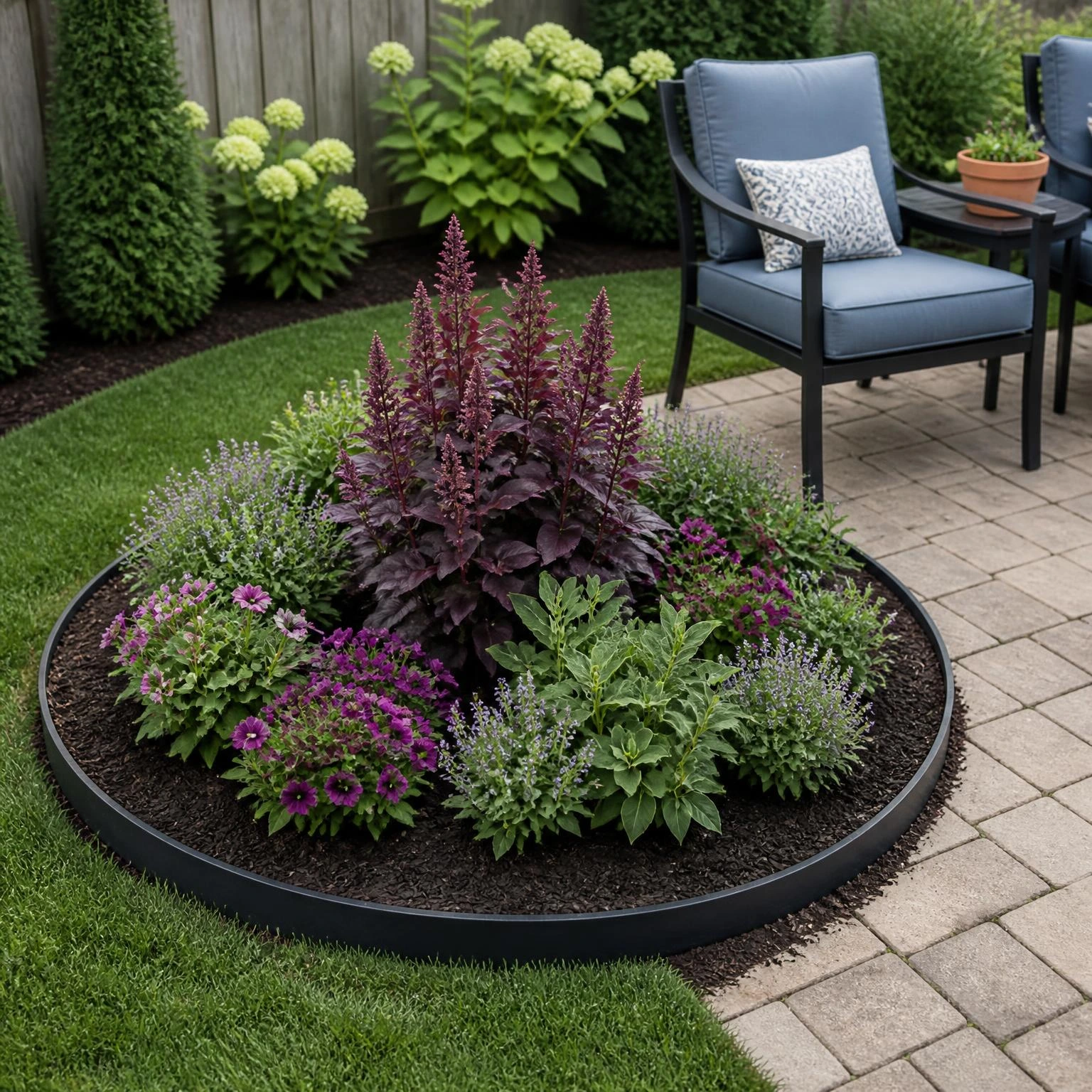 Circular metal-edged bed with soft green and plum flowers beside patio seating, illustrating small backyard flower garden ideas.