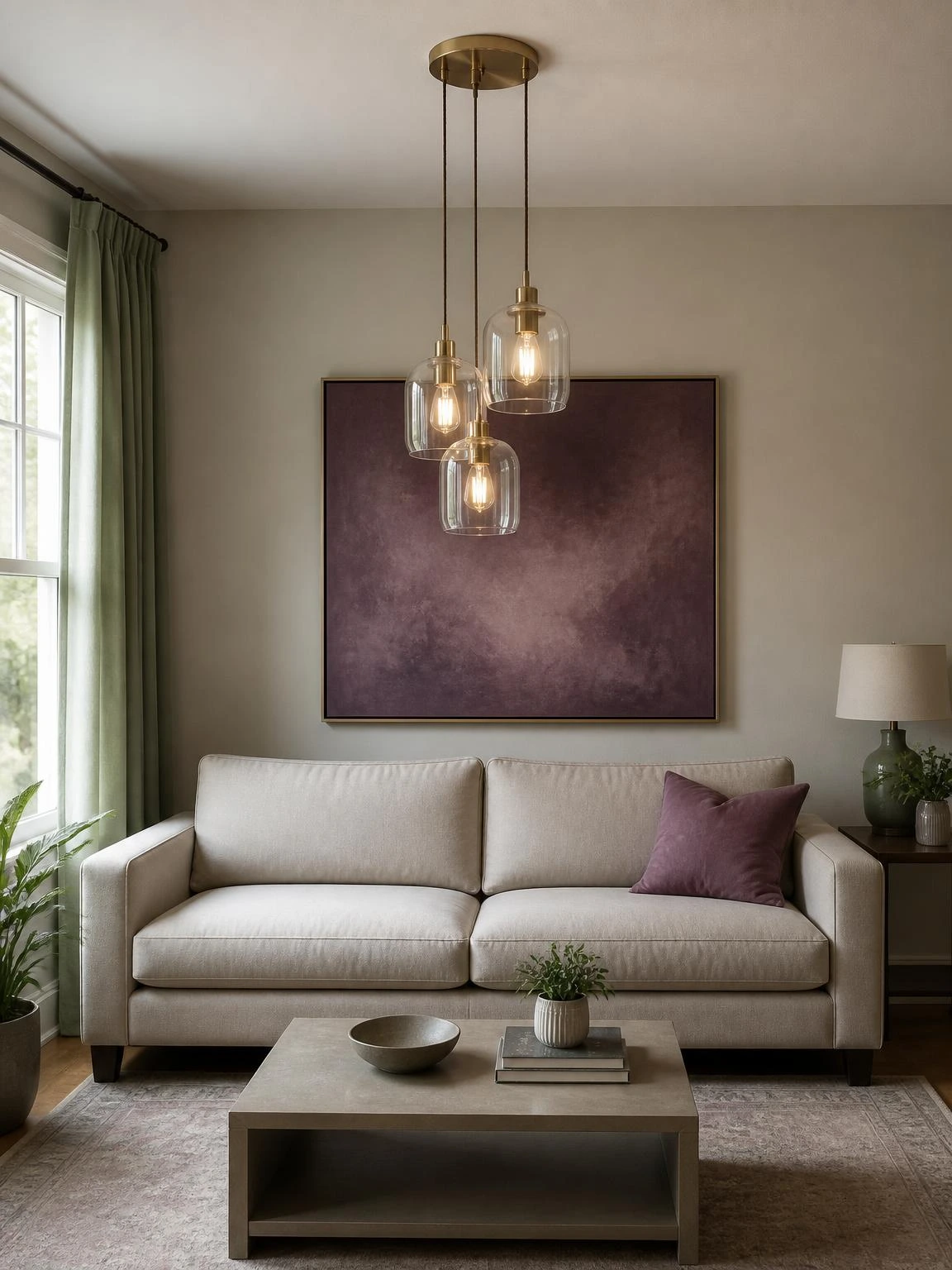 Clustered pendant chandelier with three staggered glass lights above a stone-colored sofa in a balanced modern living room