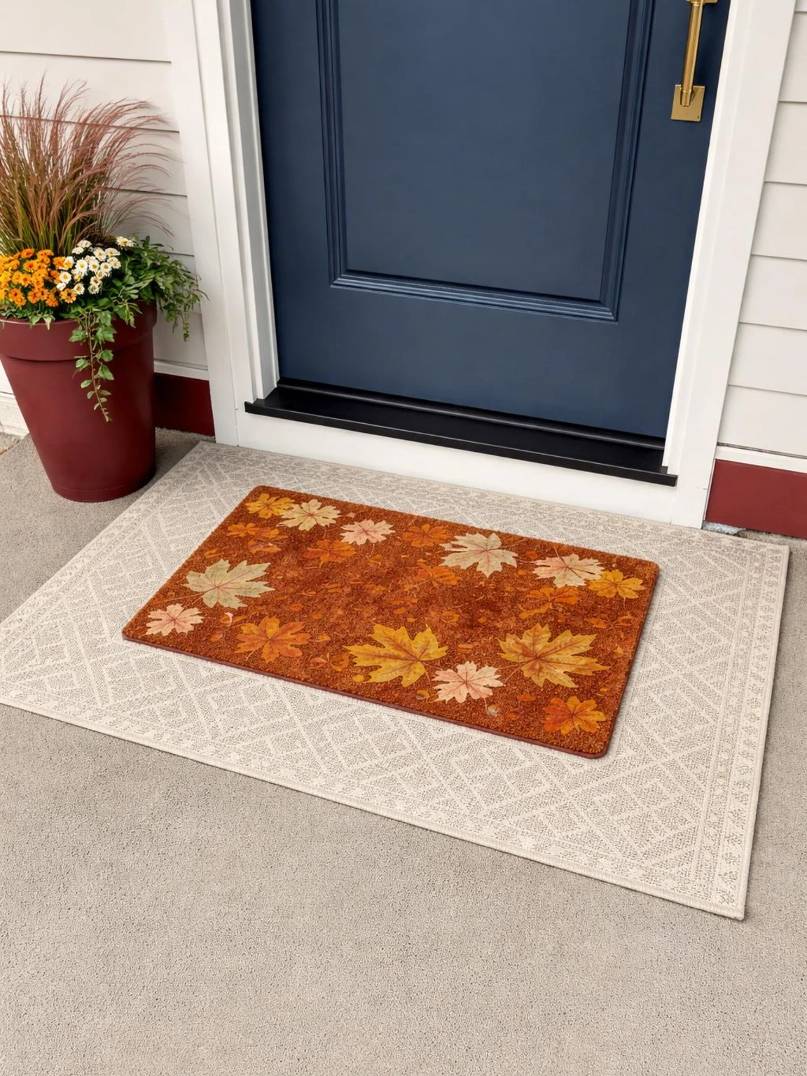Colorful fall doormat layering pairs an ivory geometric outdoor rug with a rust mat at a navy door, leaving clear entry clearance.