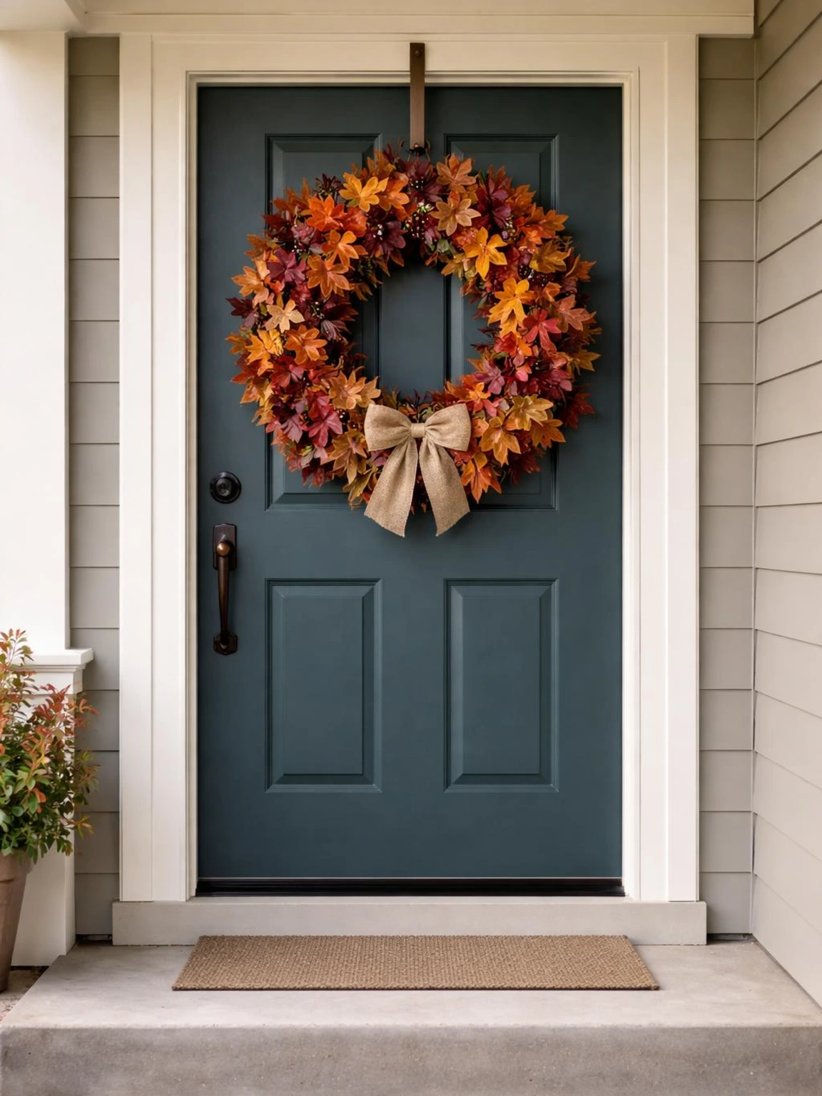 Colorful fall porch decor featuring a burgundy, rust, mustard, and plum wreath on a deep-teal door with ivory trim